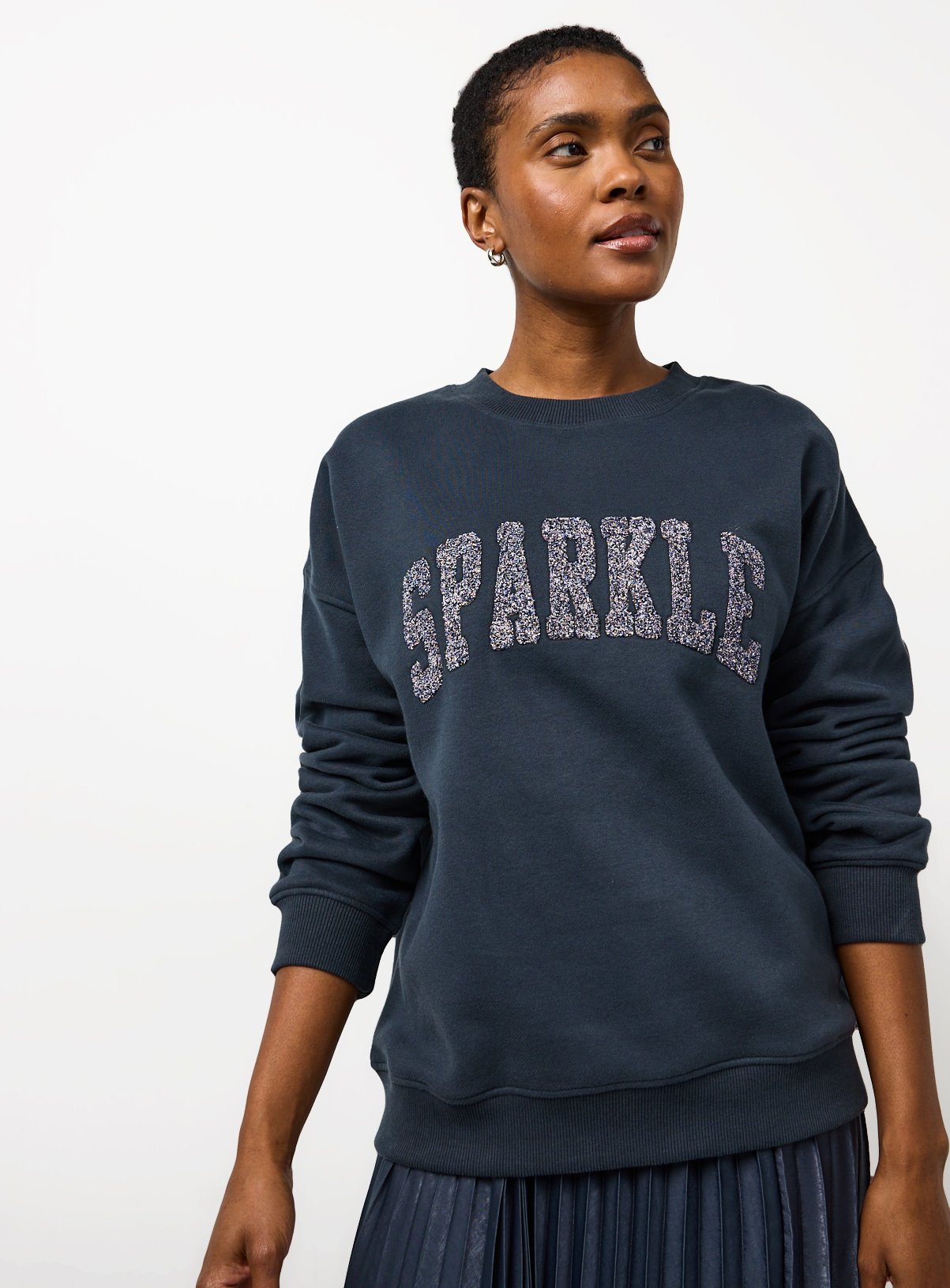 Navy Sparkle Slogan Relaxed Crew Sweatshirt 