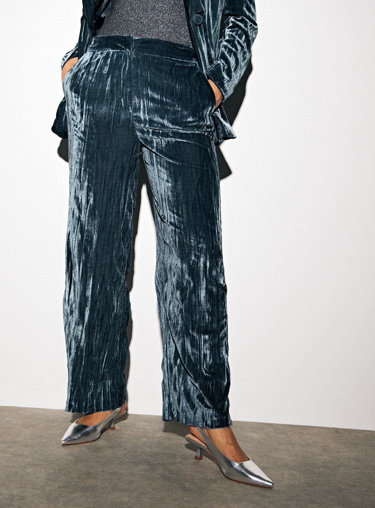 Teal Crinkle Velvet Wide Leg Co-ord Trousers  12S