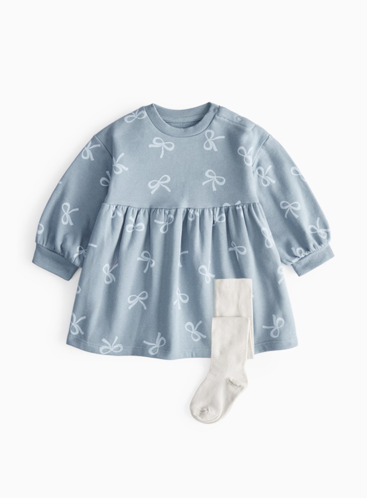 Blue Bow Printed Sweatshirt Dress & Tights  