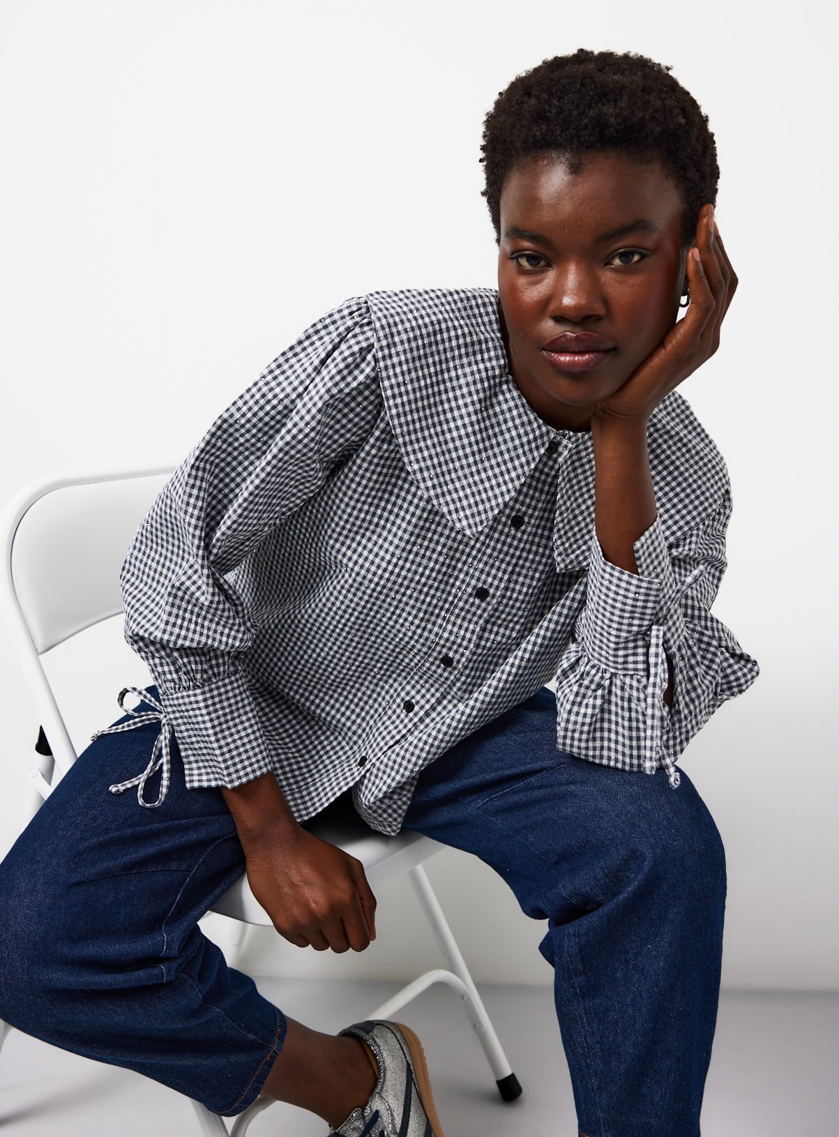Hotfix Embellished Collared Gingham Blouse 