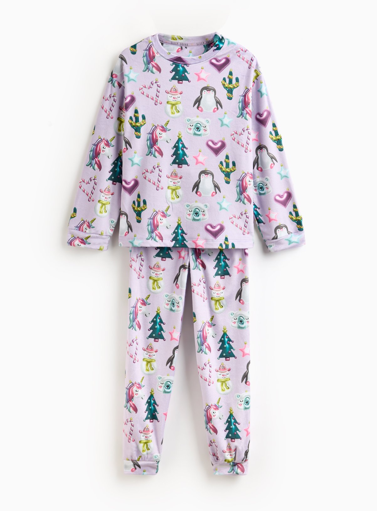 Lilac Christmas Unicorn Printed Slinky Fleece Pyjamas 