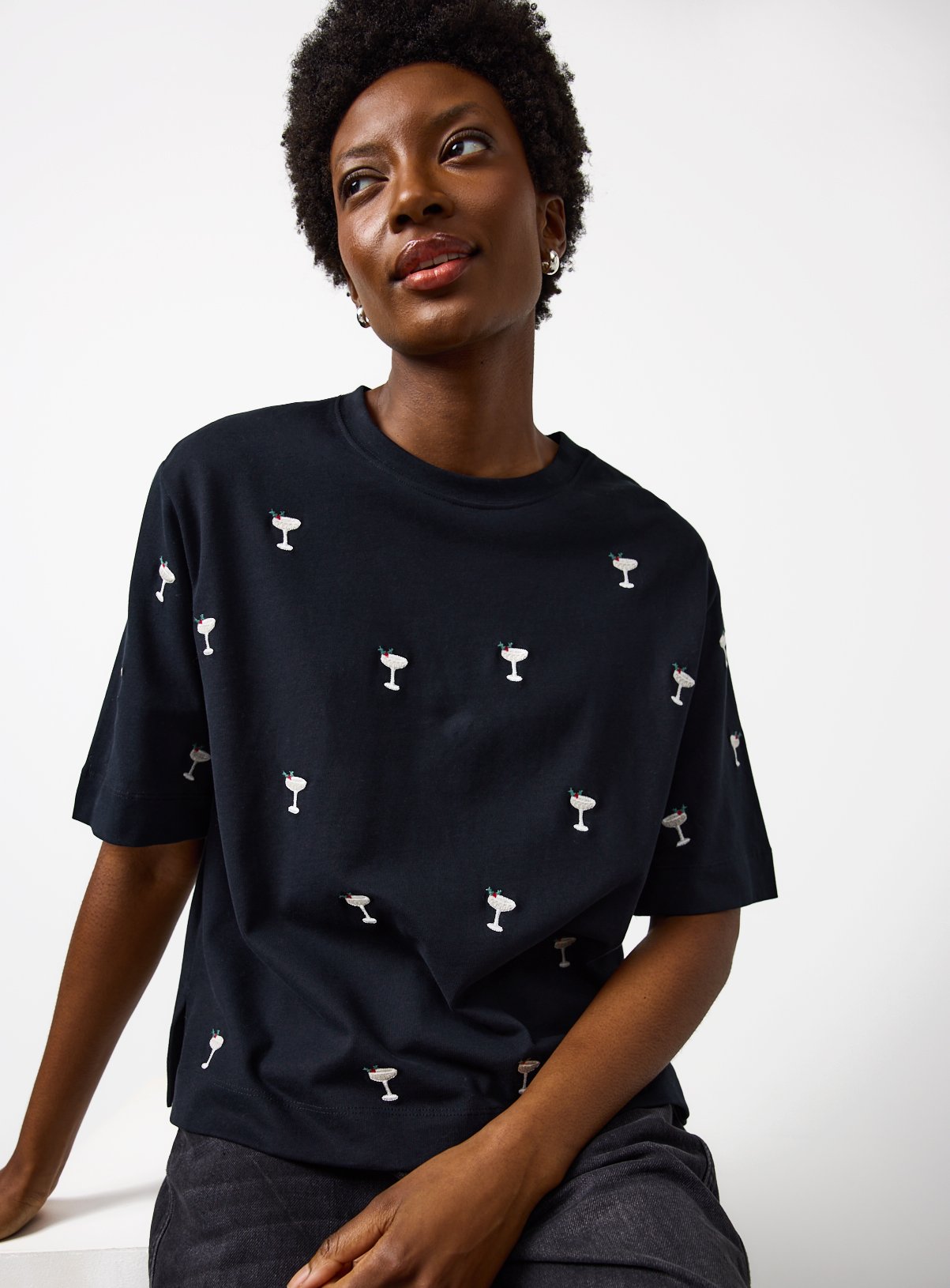 Black Margarita Embroidered Boxy T-Shirt XXL