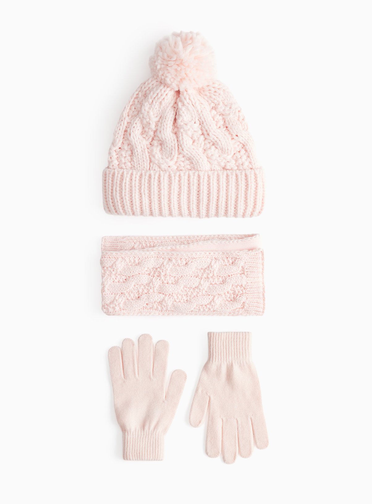 Dusky Pink Cable Knit 3 Piece Hat & Gloves Set