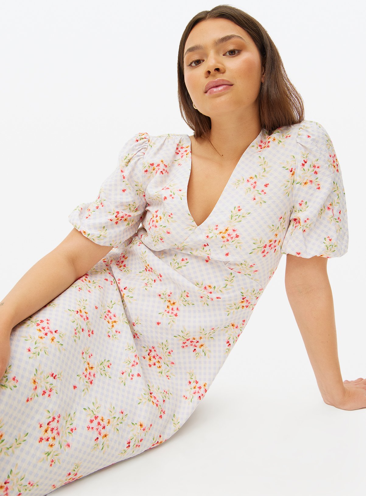 Floral Printed Gingham Tea Dress 