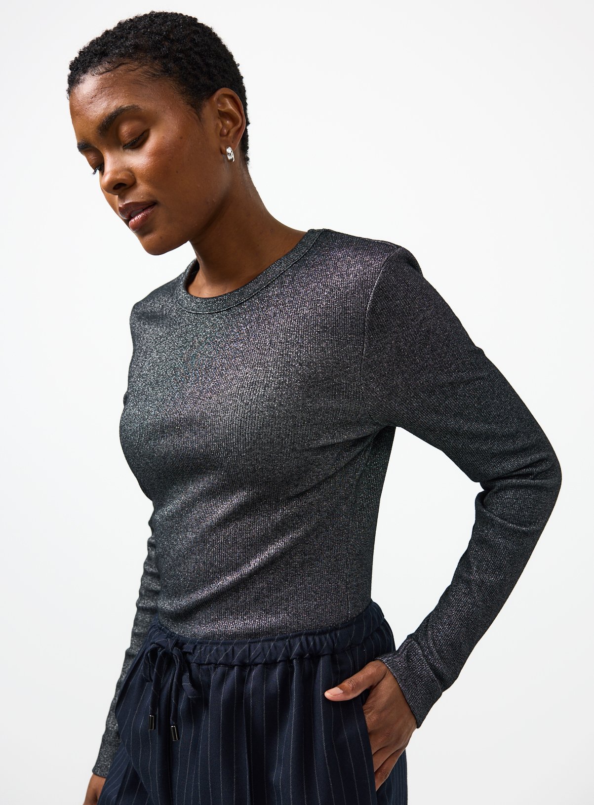 Ribbed Shimmer Long Sleeve Top 
