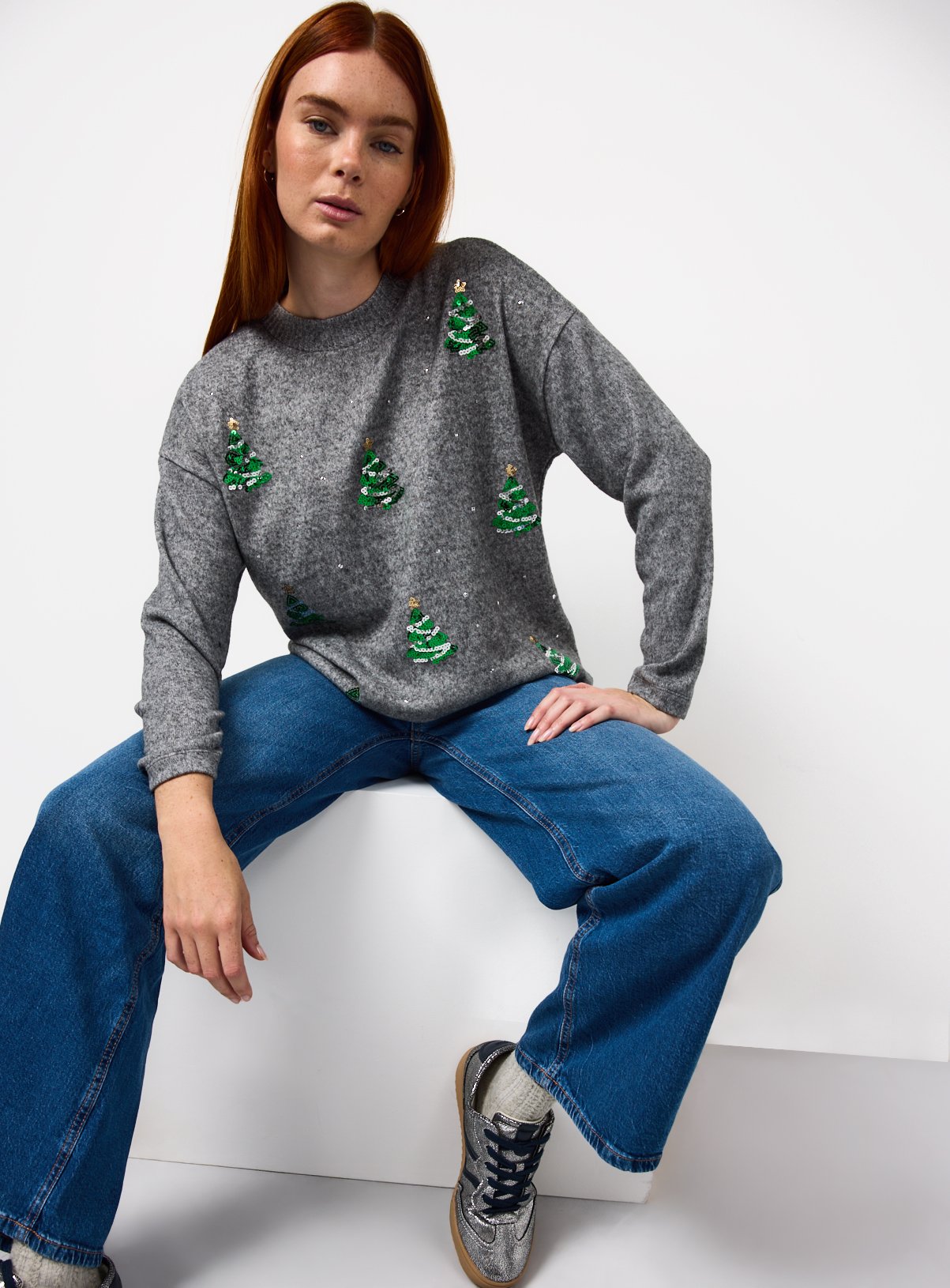 Grey Christmas Tree Sequin Embellished Jumper