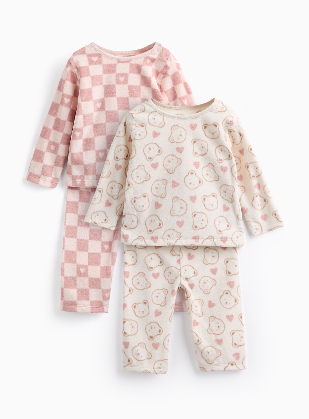 Chequered & Teddy Bear Printed Fleece Pyjamas 2 Pack