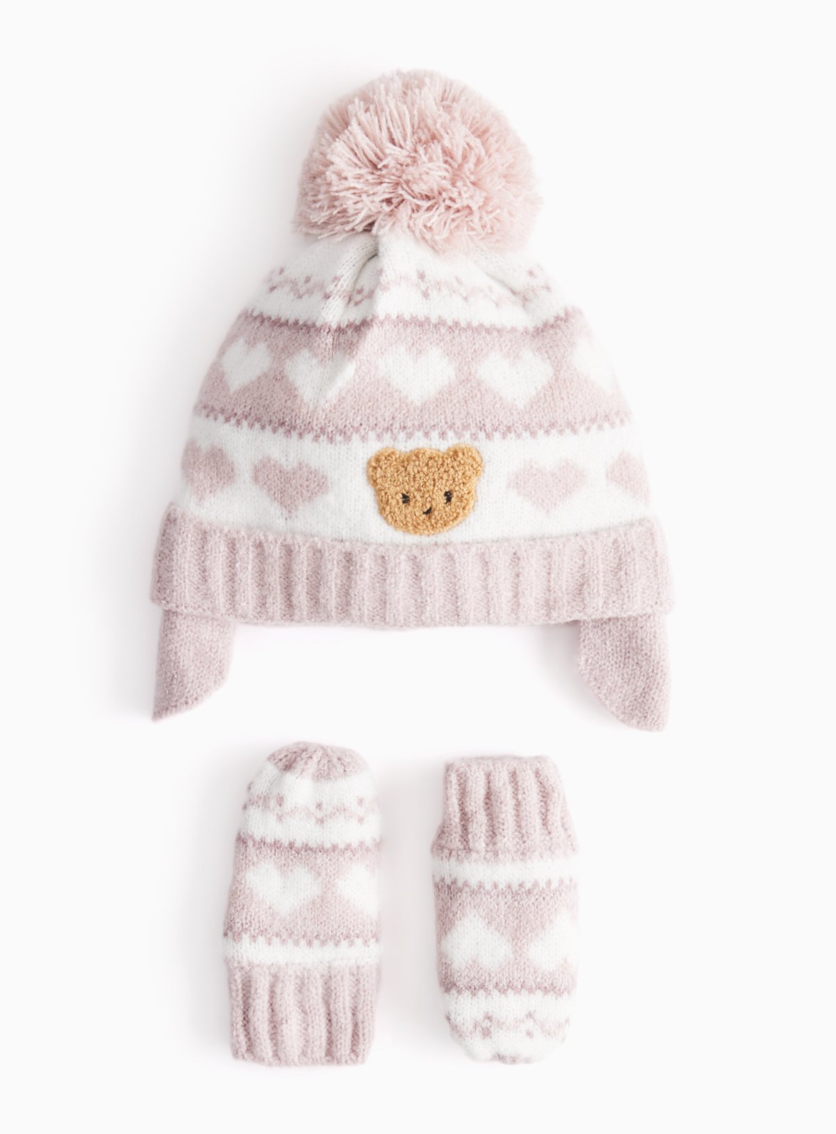 Pink Bear Fairisle Knitted Trapper Hat & Mittens Set Up to 3 mths
