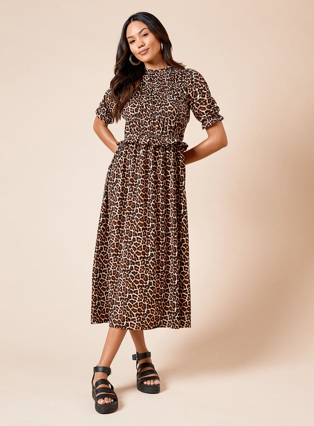 DOROTHY PERKINS Puff Sleeve leopard Shirred Bodice Peplum Midi Dress 18