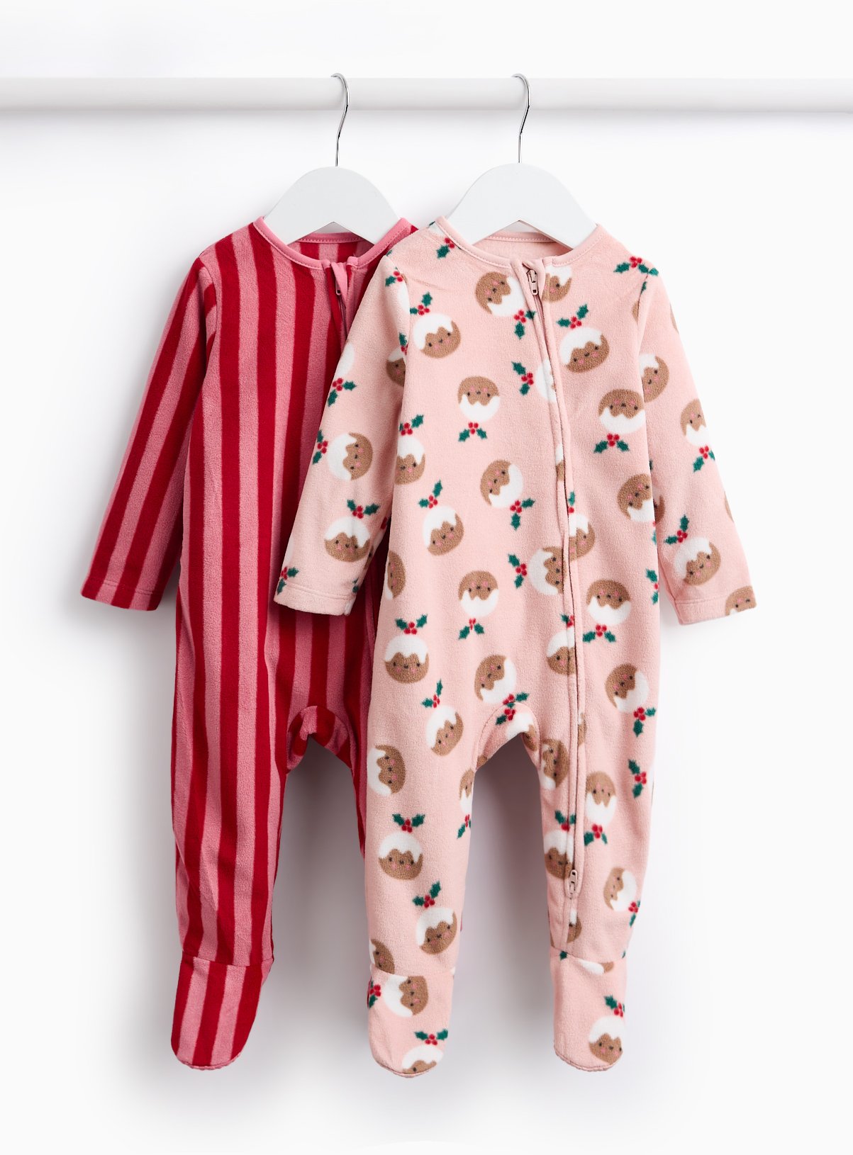 Christmas Pudding And Striped Fleece Sleepsuits 2 Pack 