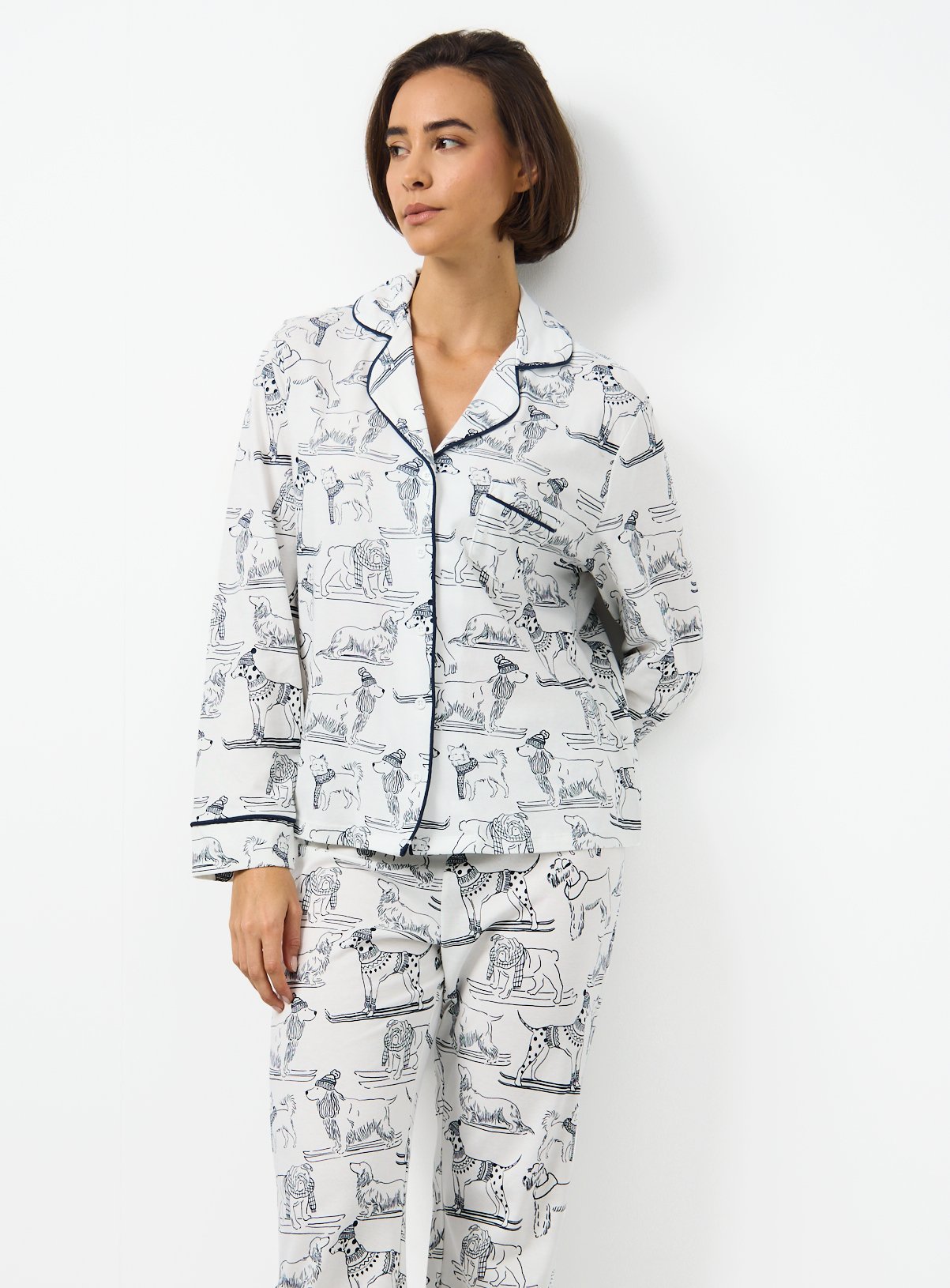 Matching Family Women's Christmas Skiing Dogs Print Jersey Pyjamas 