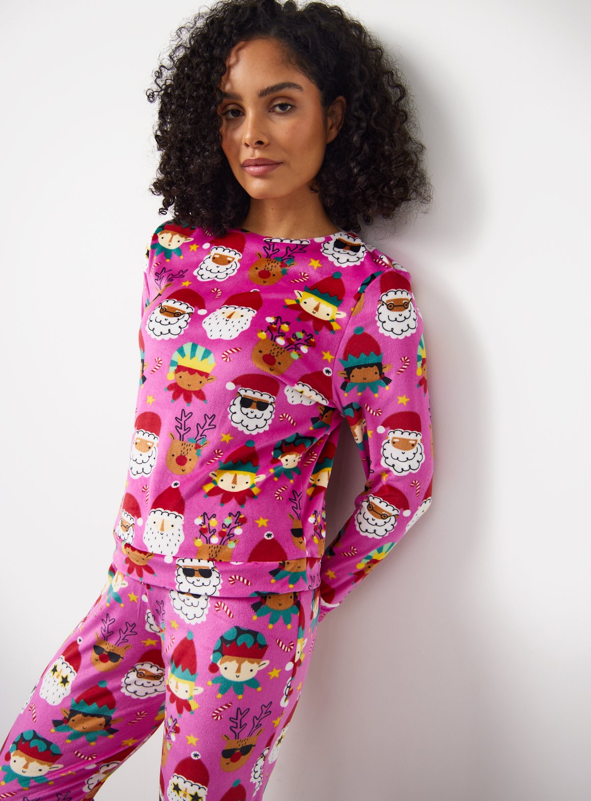 Matching Family Christmas Faces Printed Slinky Fleece Pyjamas 