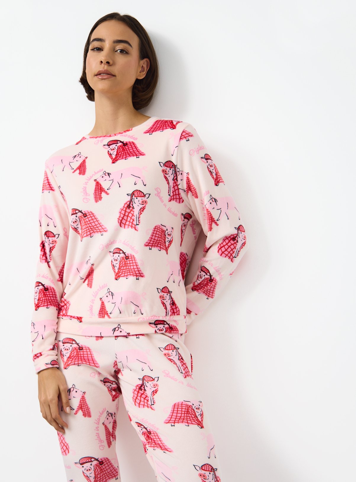 Matching Family Women's Christmas Piglets In Blankets Print Slinky Pyjamas 