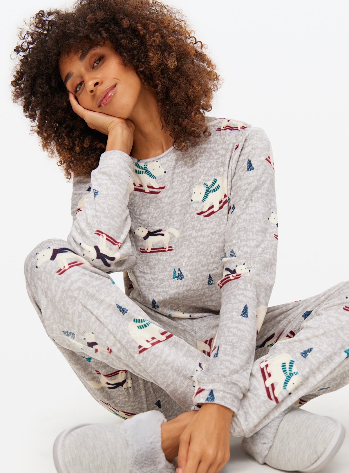 Grey Polar Bear Print Slinky Pyjamas  
