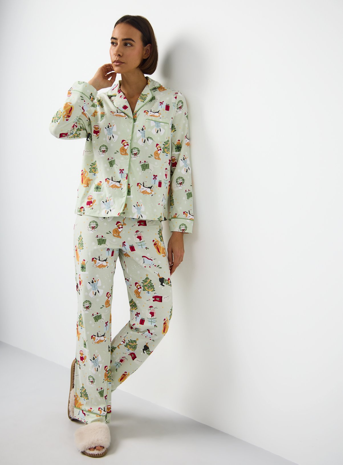 Green Festive Cats Printed Traditional Jersey Pyjamas