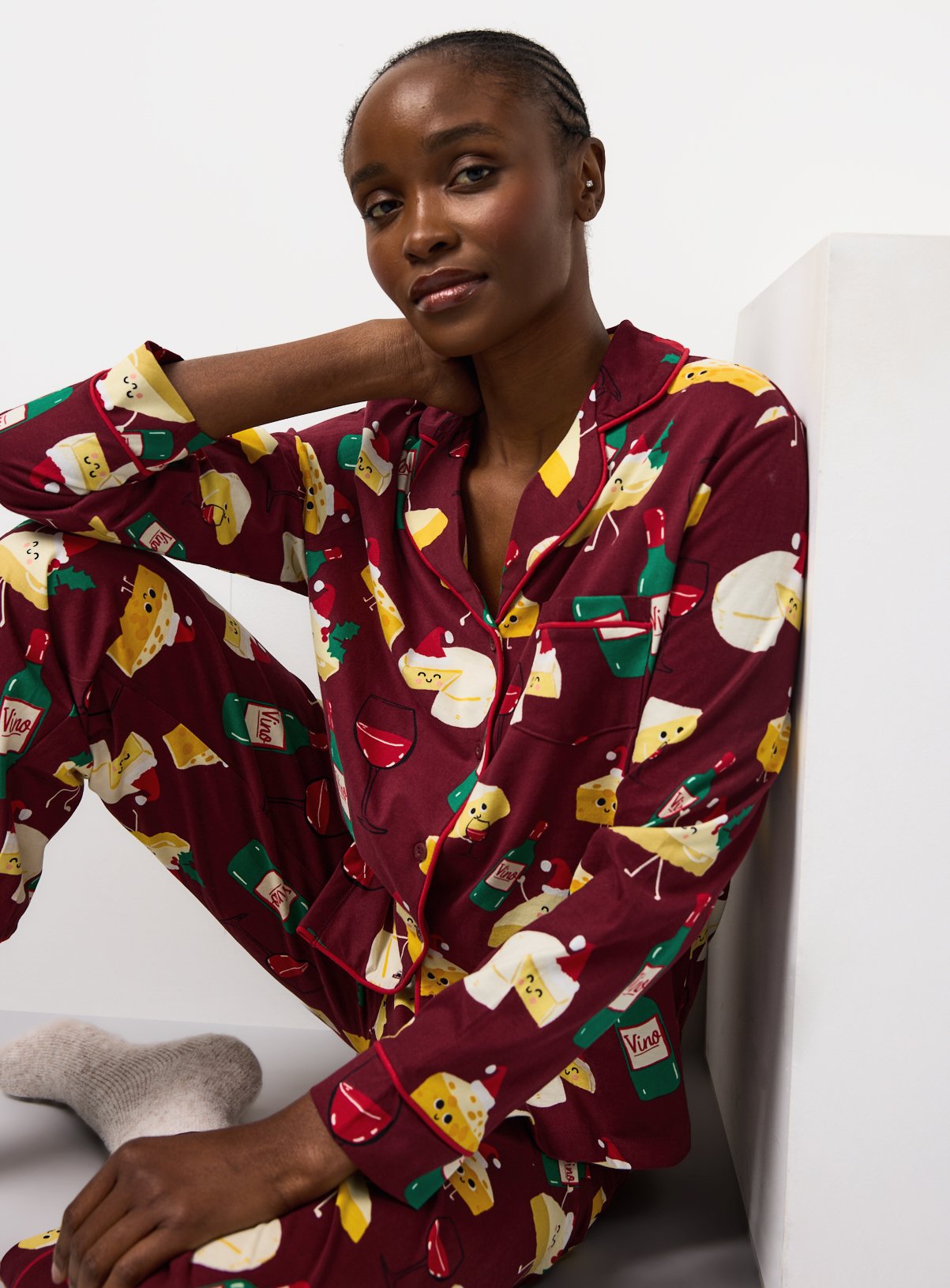 Plum Christmas Cheese Printed Jersey Traditional Pyjamas