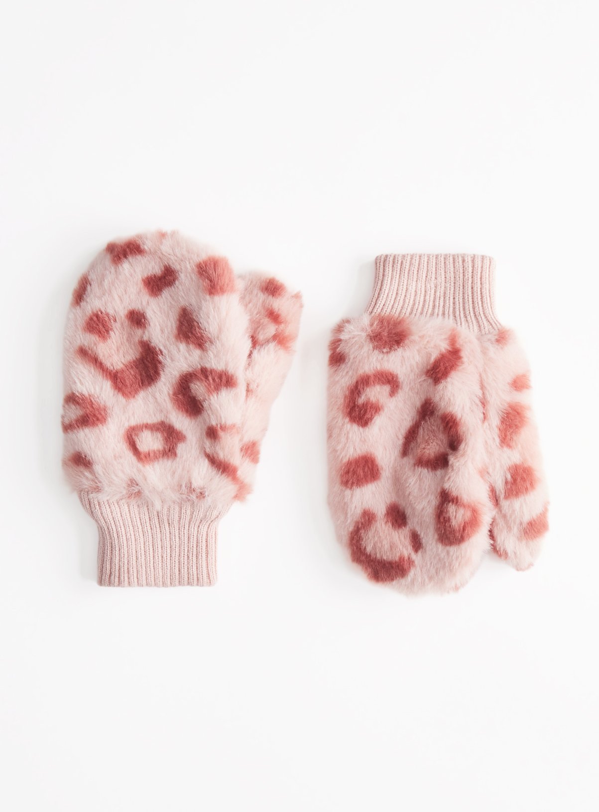 Pink Leopard Printed Faux Fur Mittens