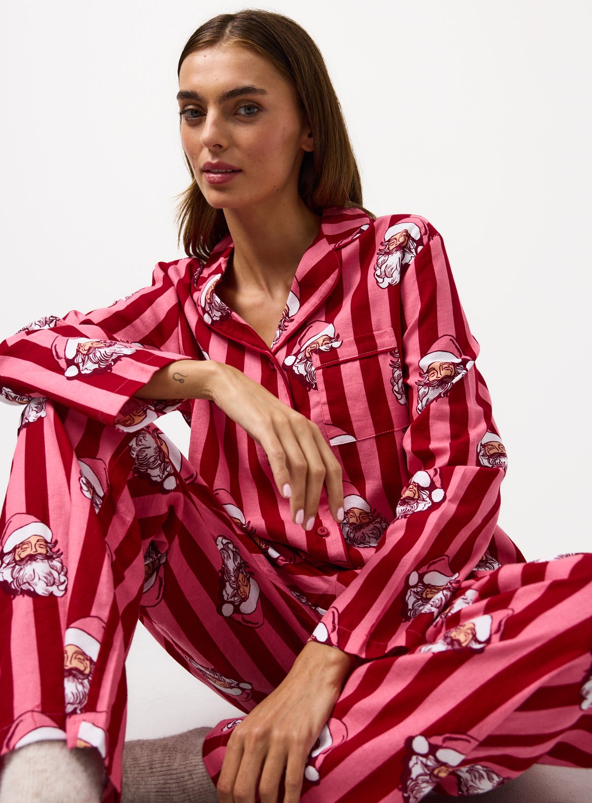 Matching Family Women's Christmas Pink Striped Santa Printed Pyjamas 