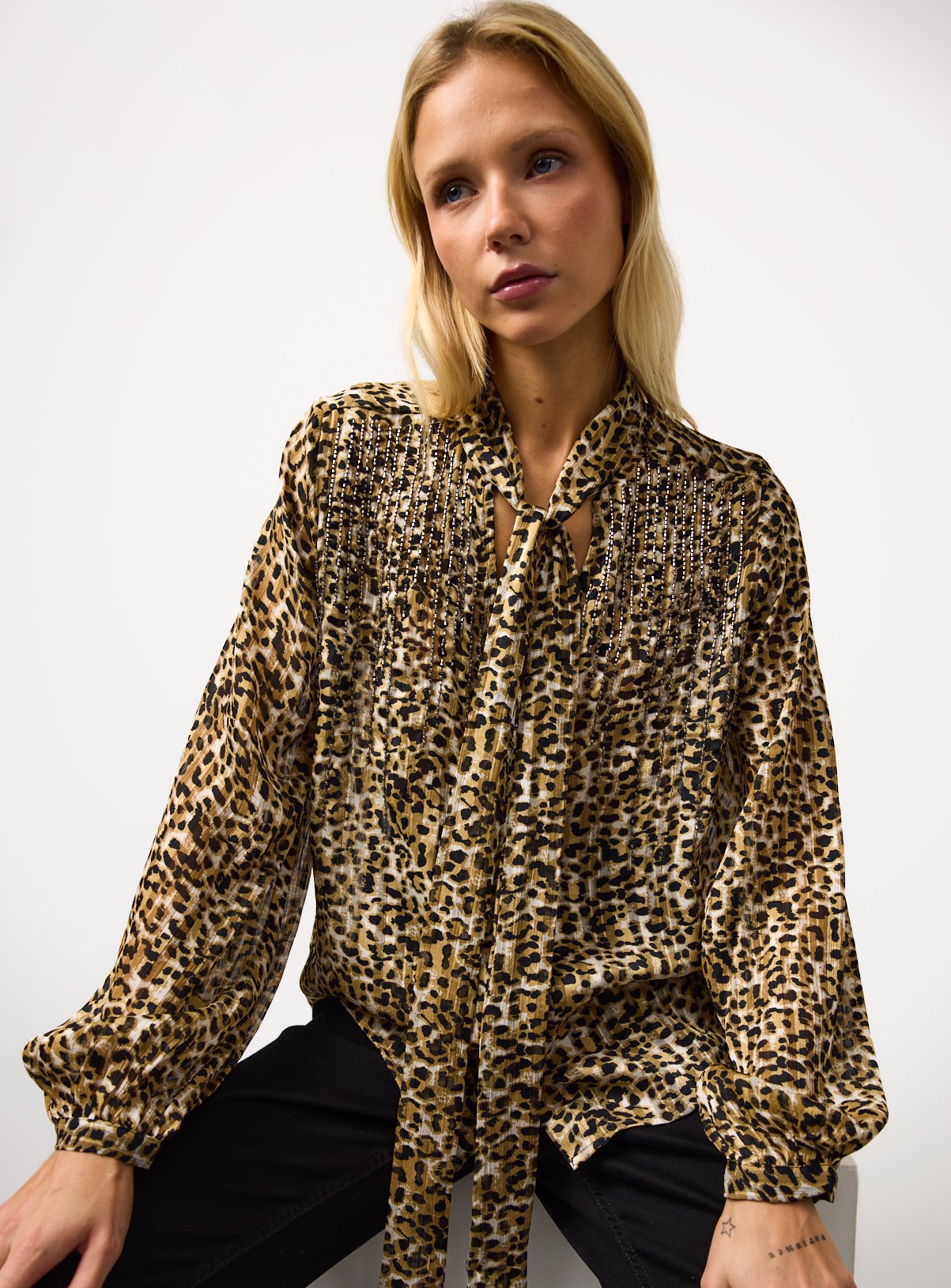 Leopard Printed Embellished Tie Neck Blouse 