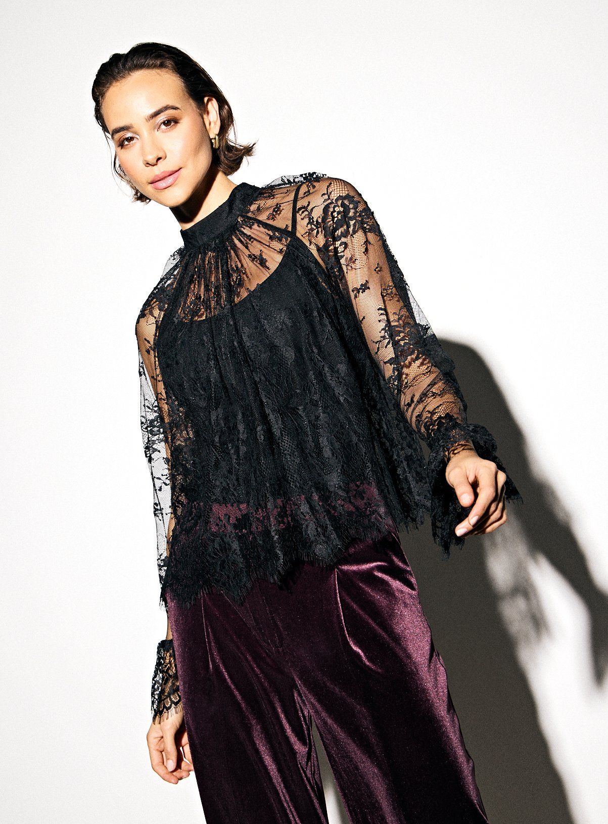 Black Lace Flute Sleeve High Neck Blouse 6
