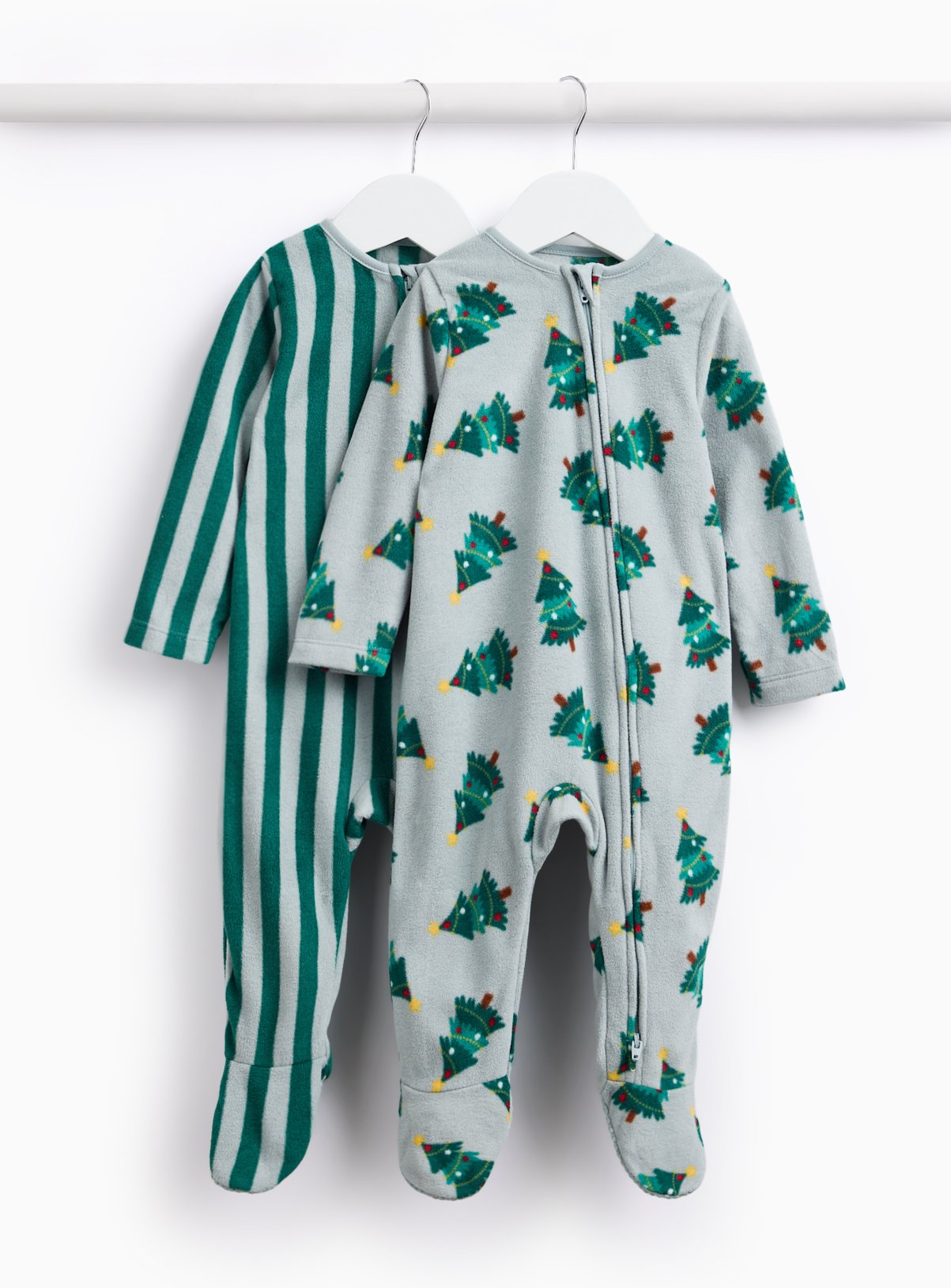 Christmas Stripe & Tree Print Micro Fleece Sleepsuits 2 Pack 