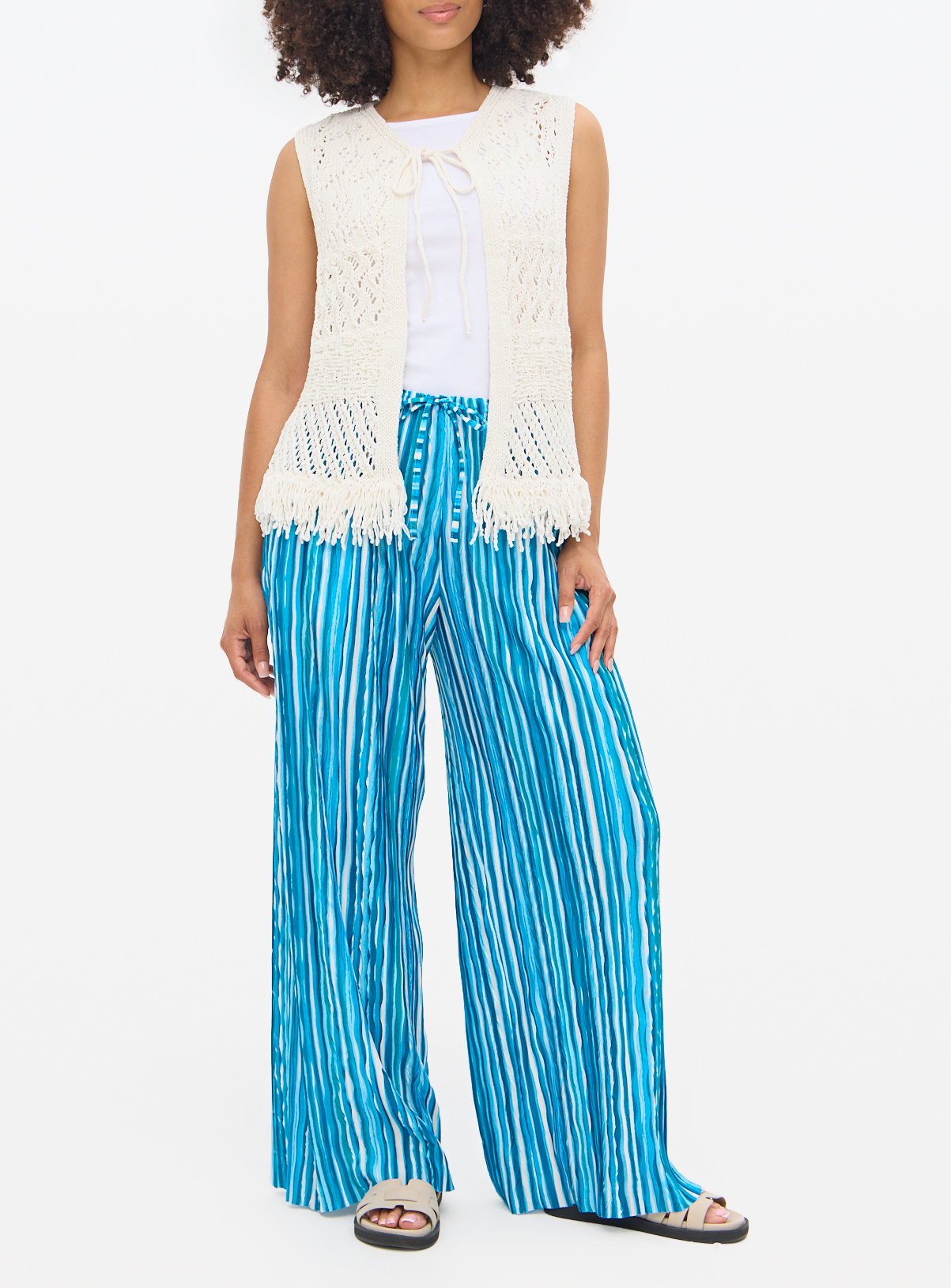 Blue Striped Plisse Ultra Wide Leg Trousers  