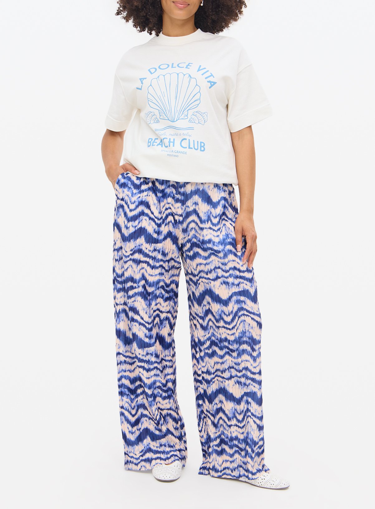 Blue Printed Plisse Ultra Wide Leg Trousers 