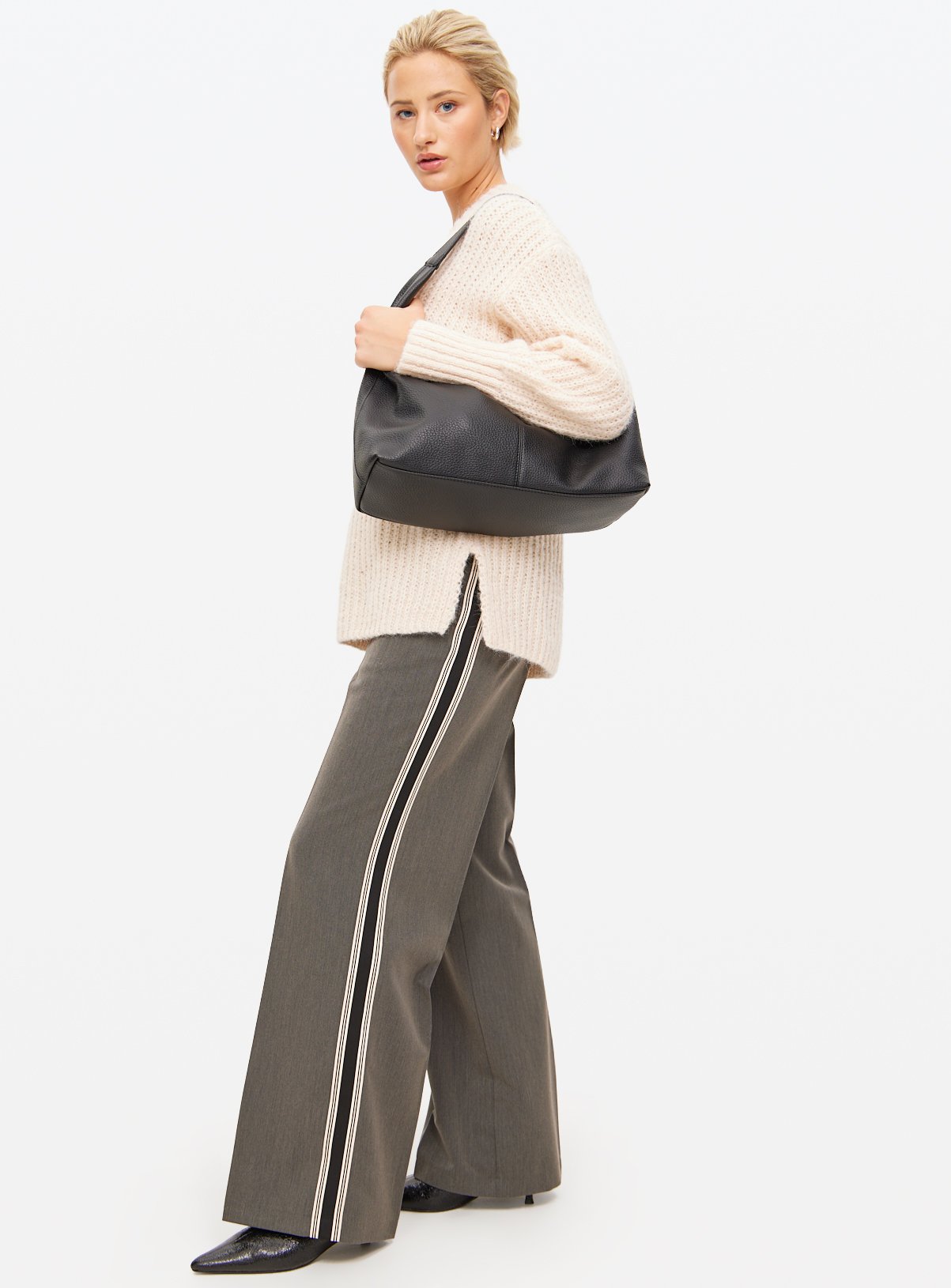 Grey Contrast Stripe Wide Leg Pull-On Trousers 