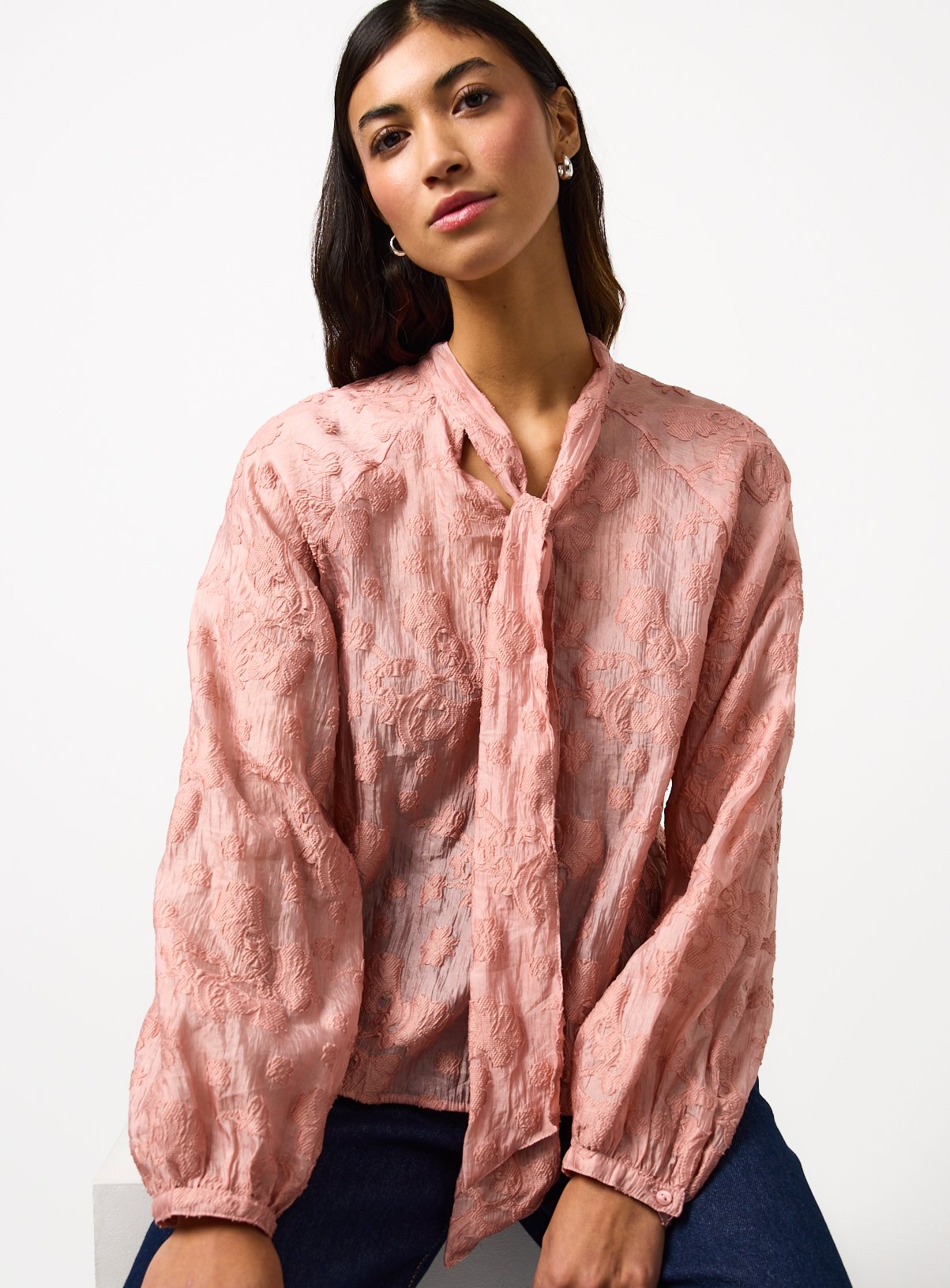 Pink Tie Neck Jacquard Blouse 6