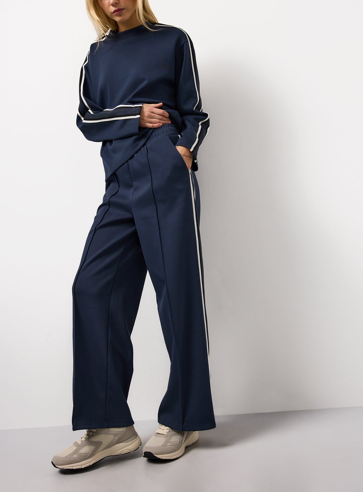 Dark Blue Elevated Side Stripe Co-ord Wide Leg Joggers S