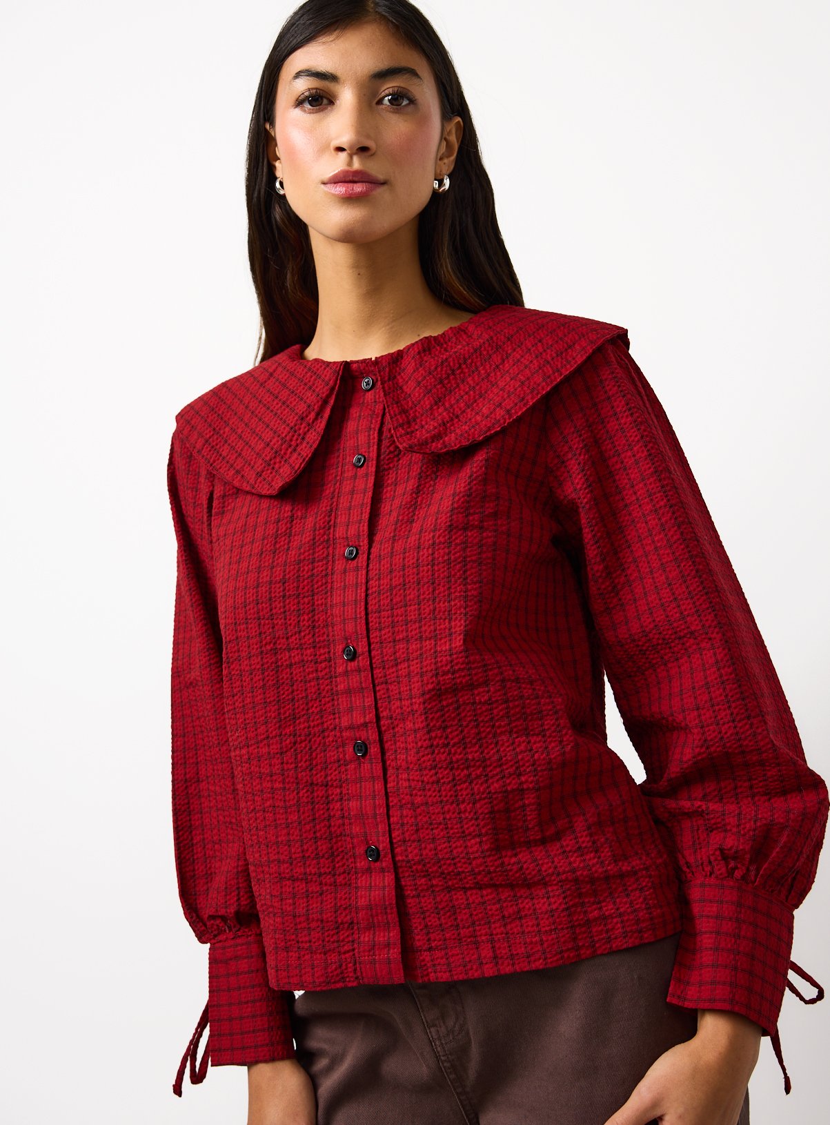 Red Check Printed Collared Blouse 20