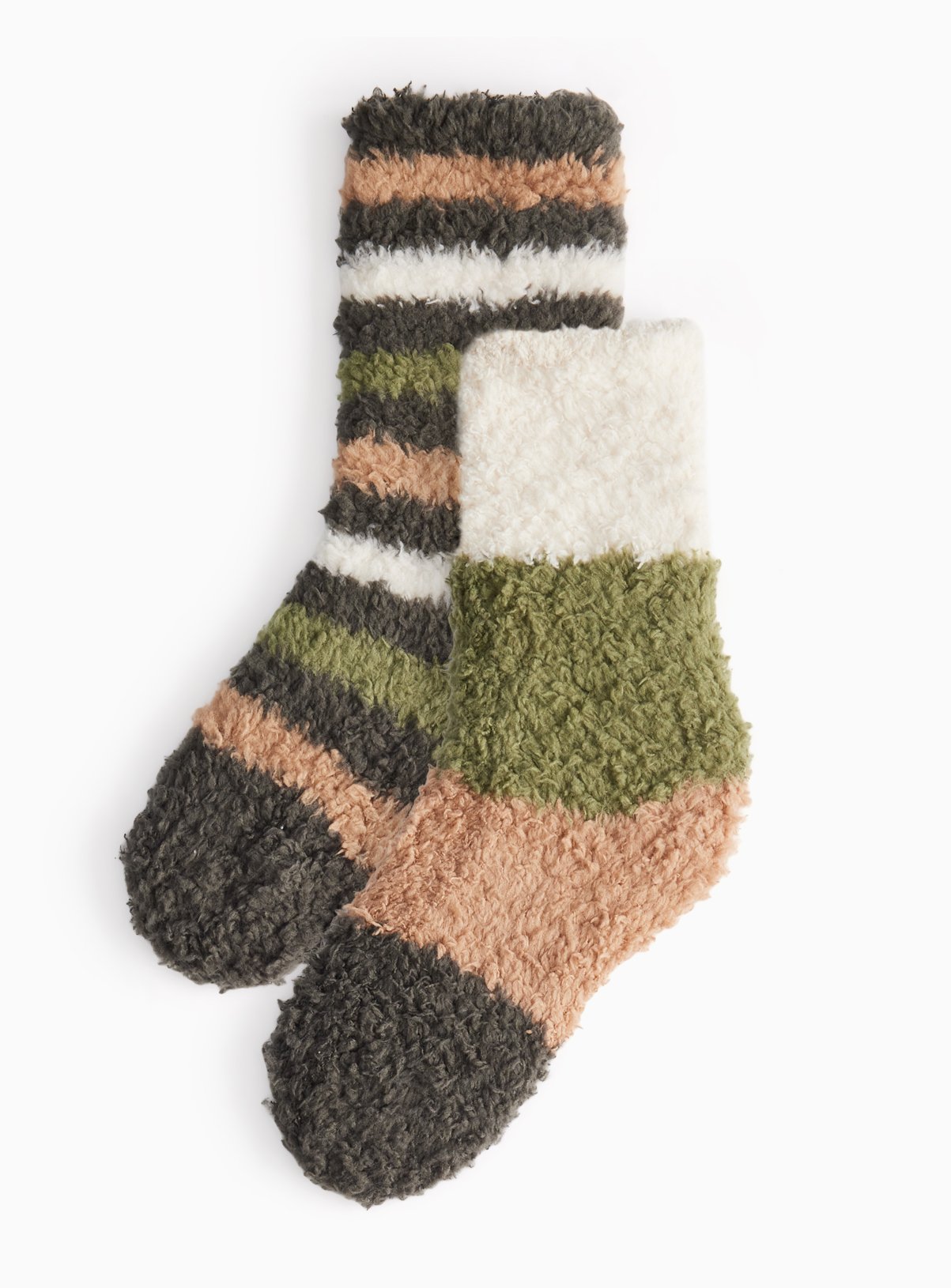 Khaki Striped Fluffy Cosy Socks 2 Pack 