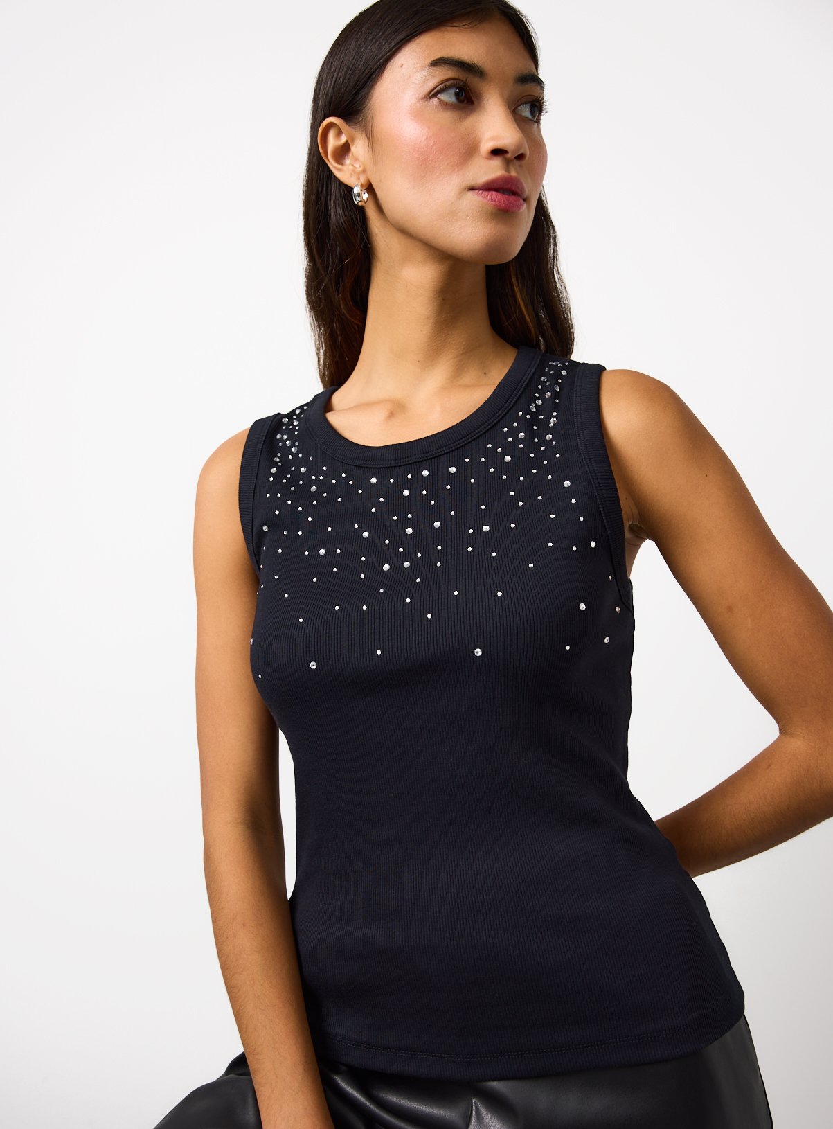 Embellished Ribbed Black Top 