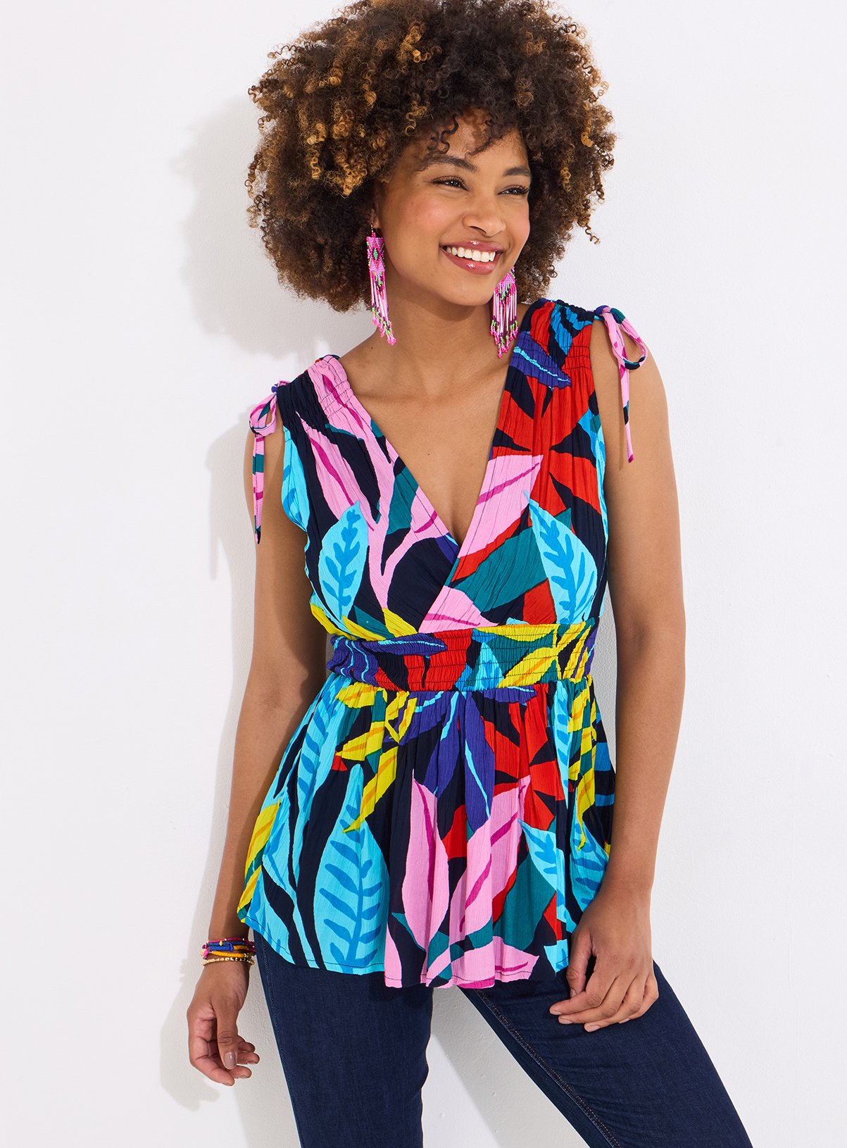 JOE BROWNS Tropical Print V Neck Tie Shoulder Top