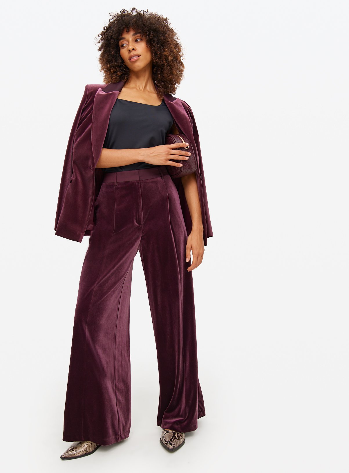 Burgundy Ultra Wide Velvet Tailored Trousers 20S
