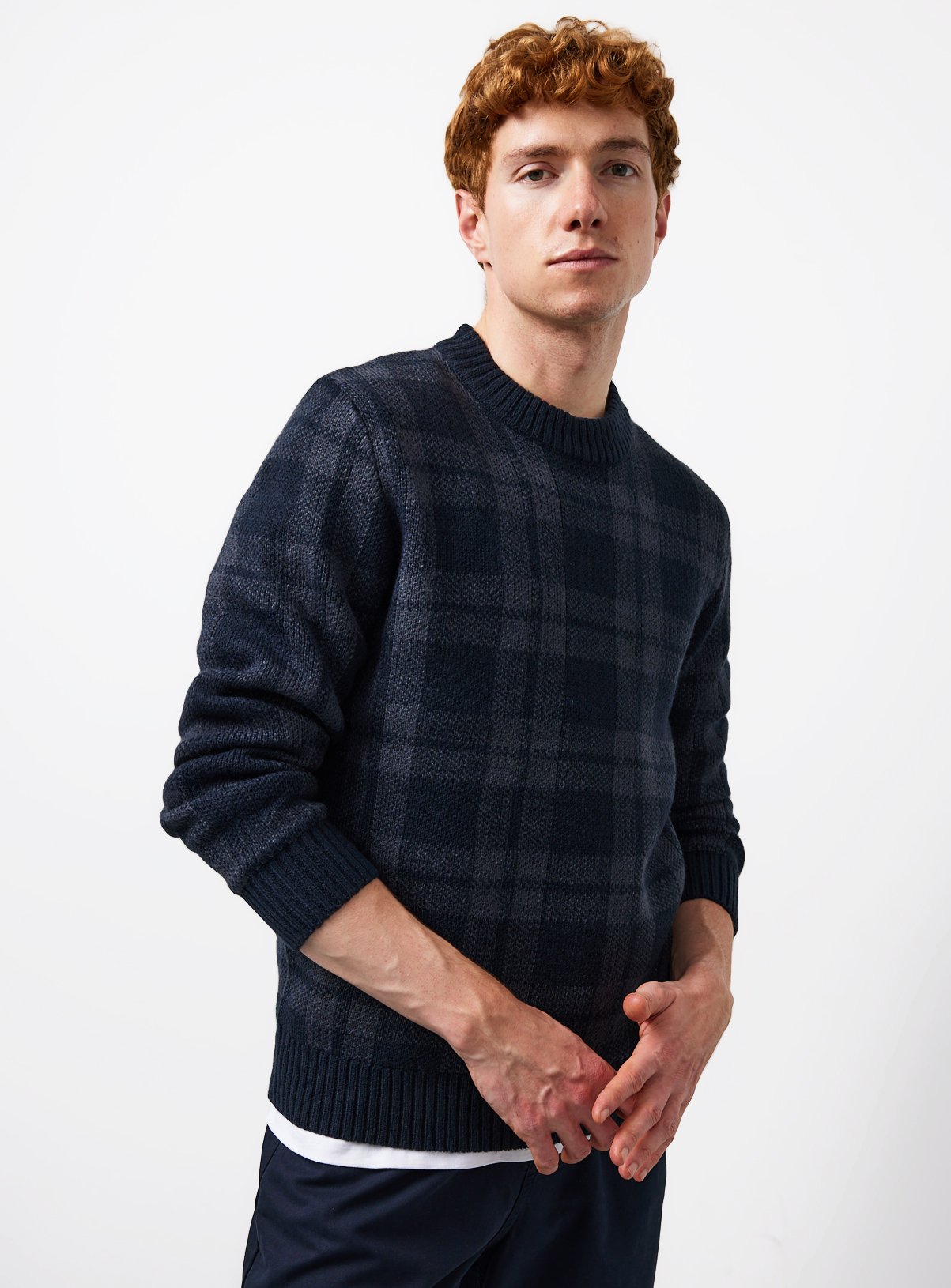 Blue Checked Crew Neck Jumper 