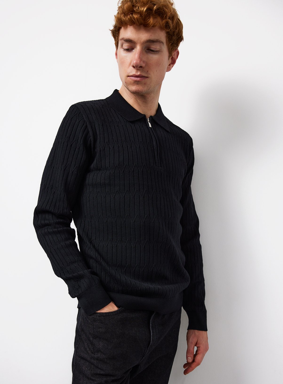 Textured Knit Zip Polo