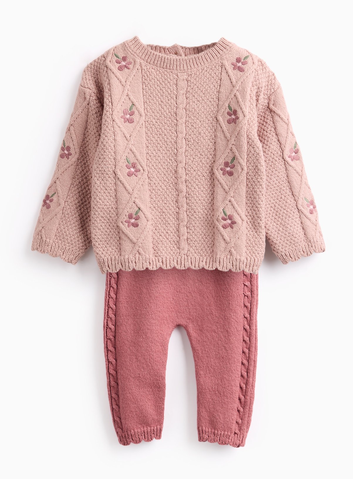 Pink Flower Embroidered Cable Knitted Set 