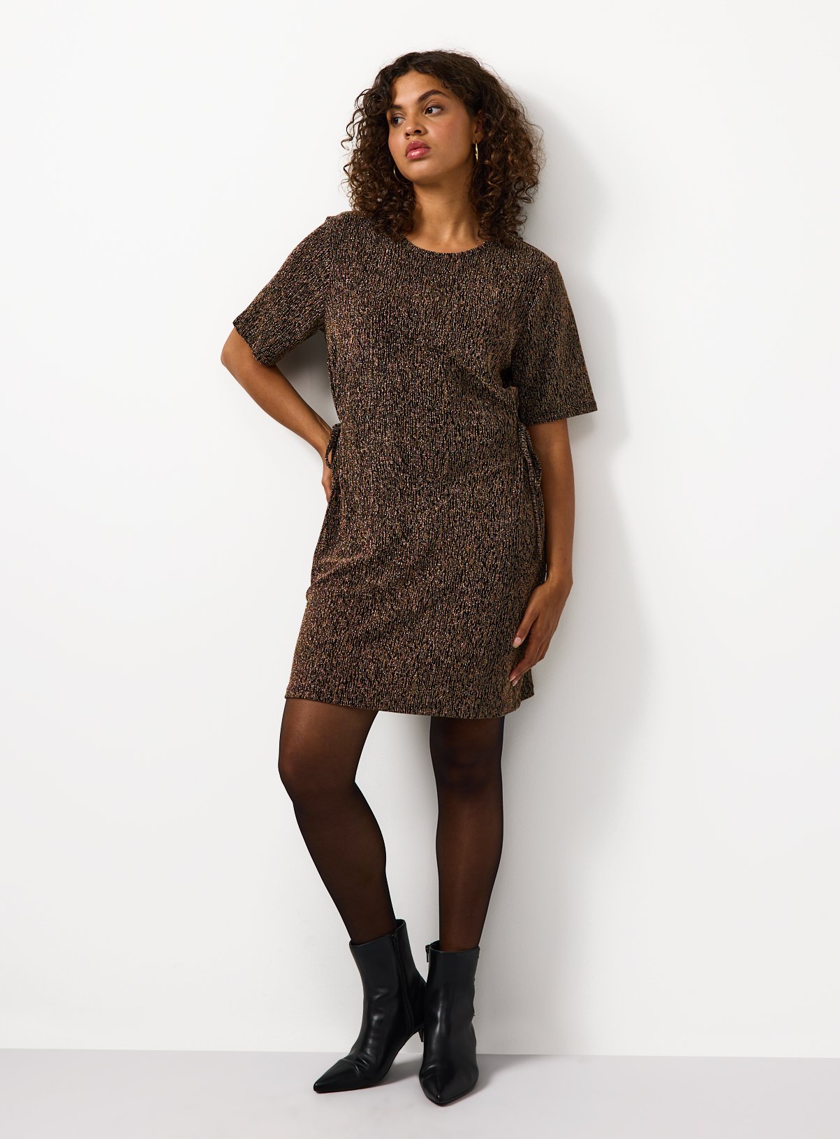 Gold Sparkle Side-Tie Midi Dress 