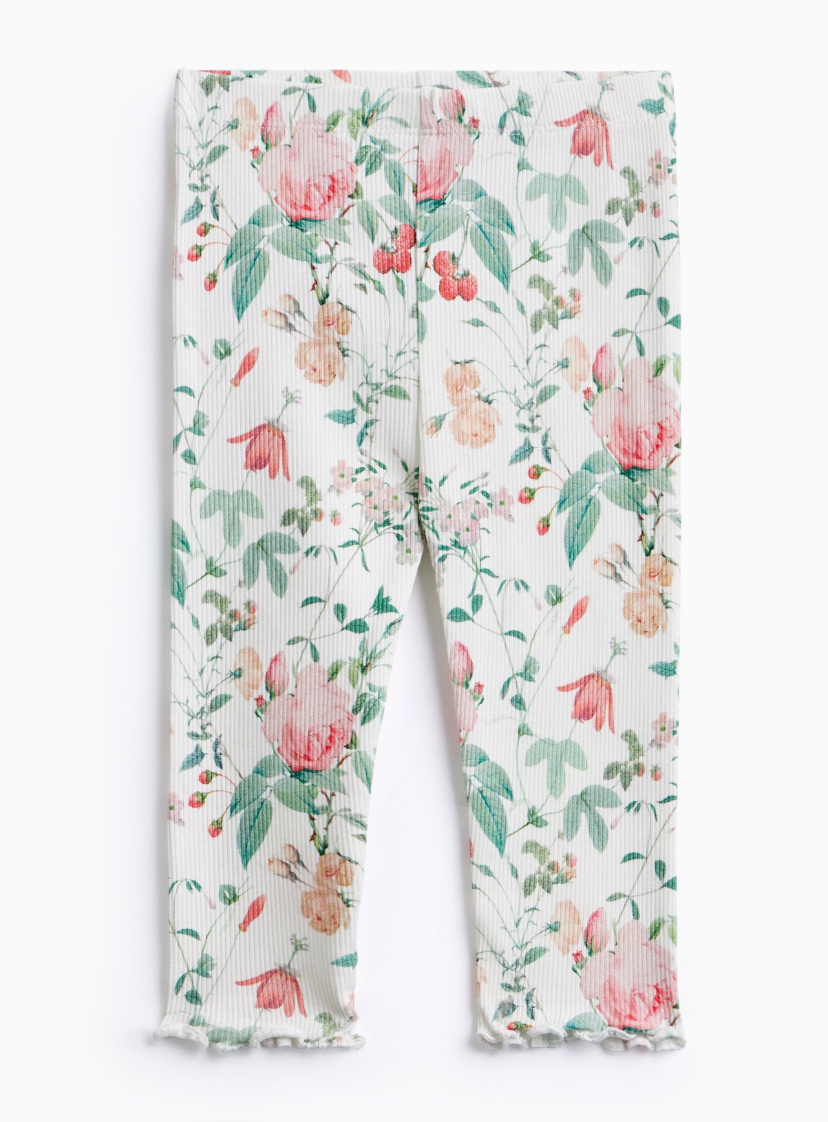 White Floral Printed Ribbed Leggings 