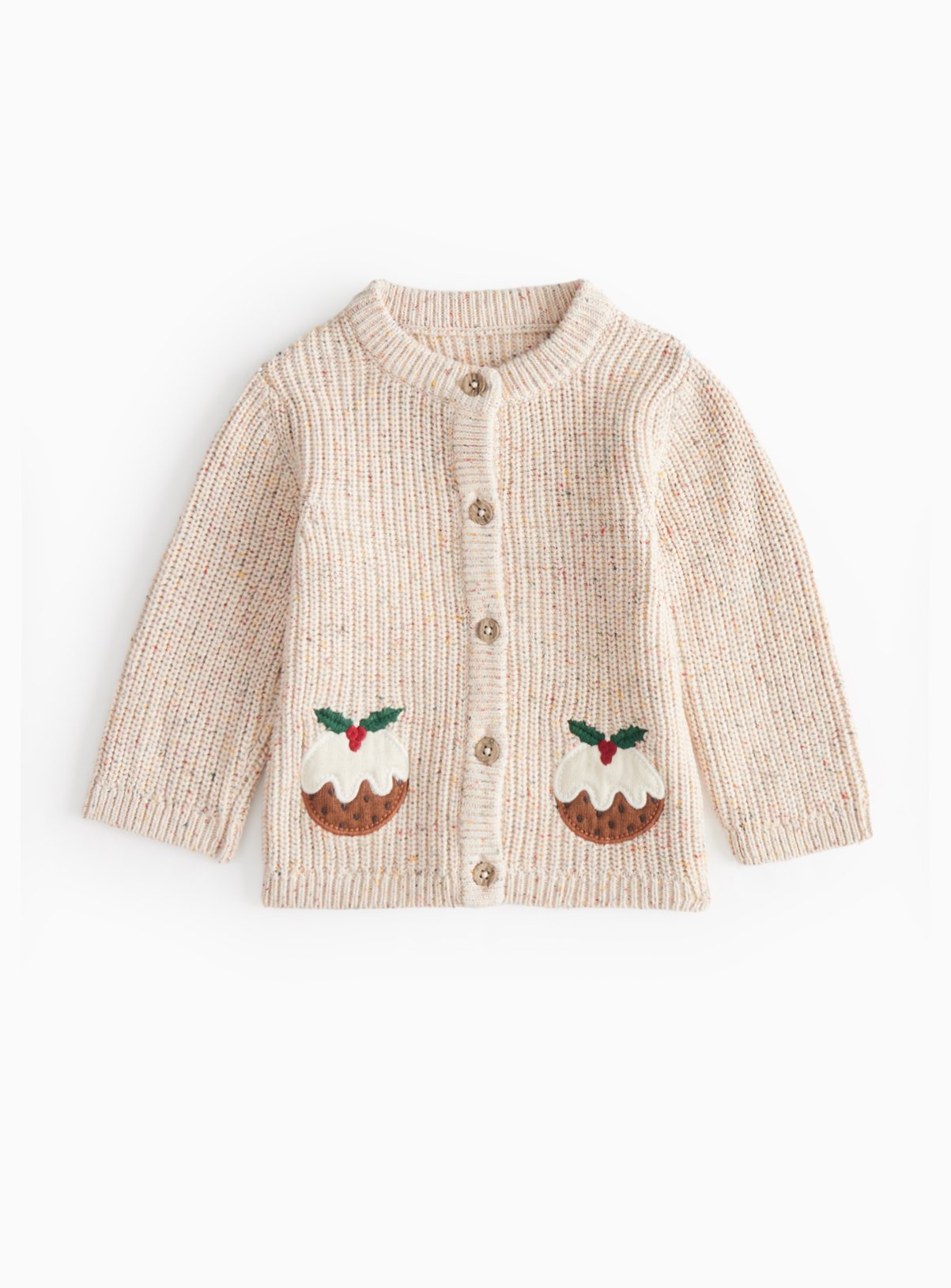 Cream Christmas Pudding Applique Knitted Cardigan 