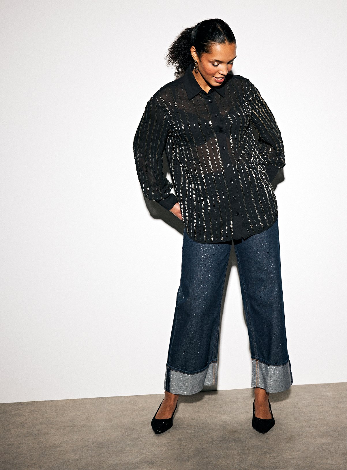 Black & Gold Beaded Long Sleeve Shirt 