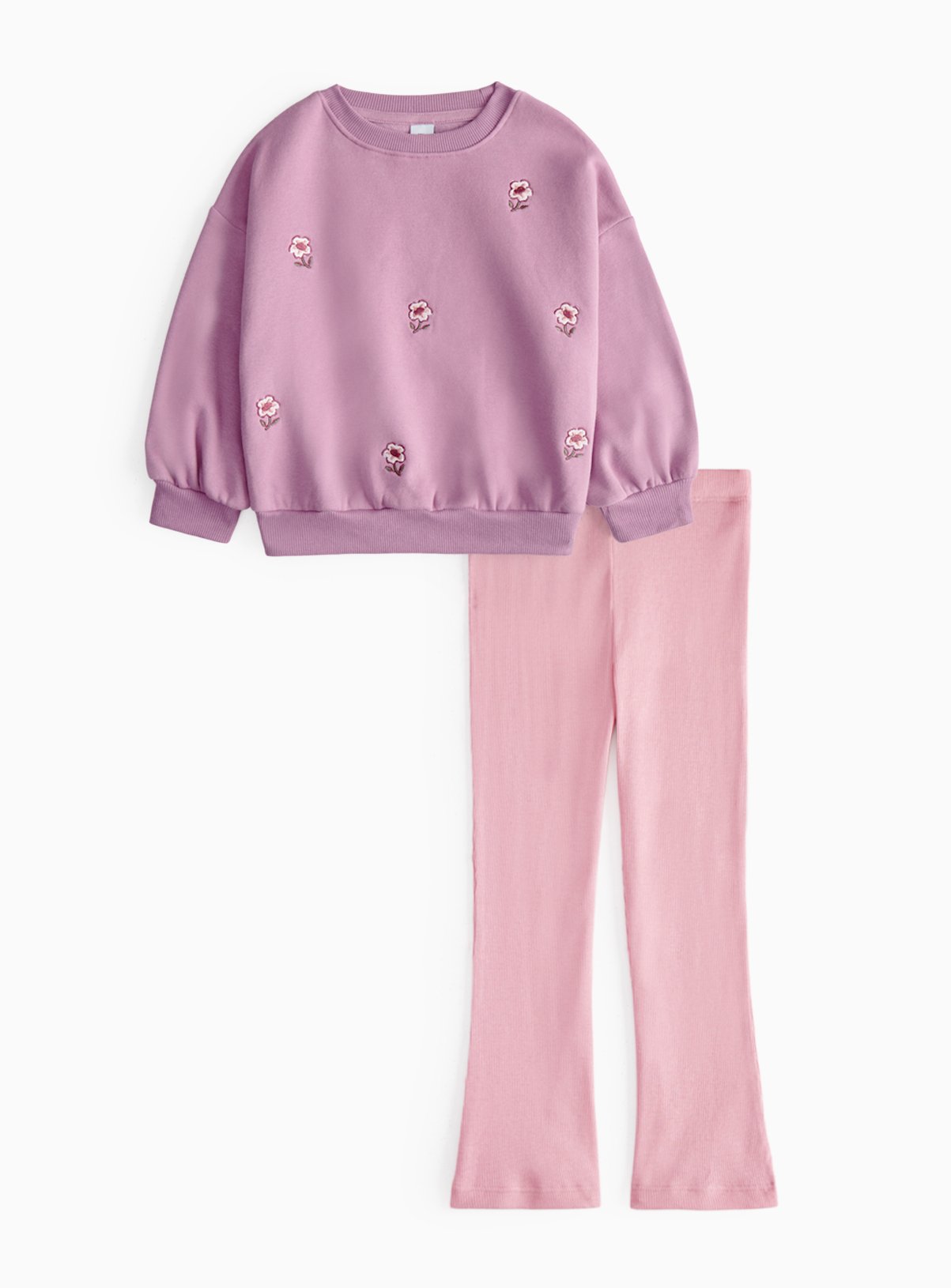 Lilac Flower Embroidered Sweatshirt & Flared Leggings  