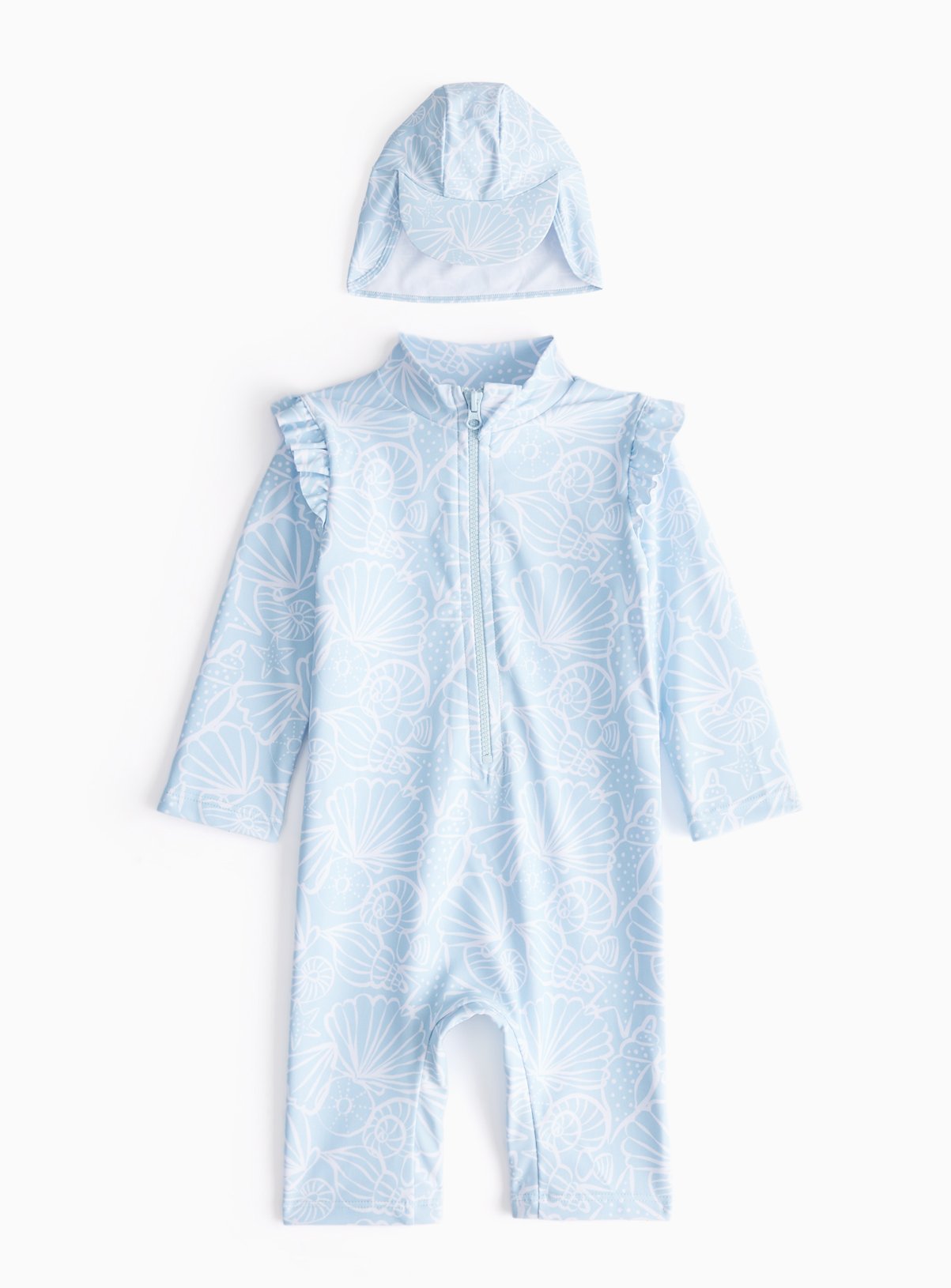 Blue Seashell Printed Sunsafe Swimsuit & Keppi Hat  12-18 months