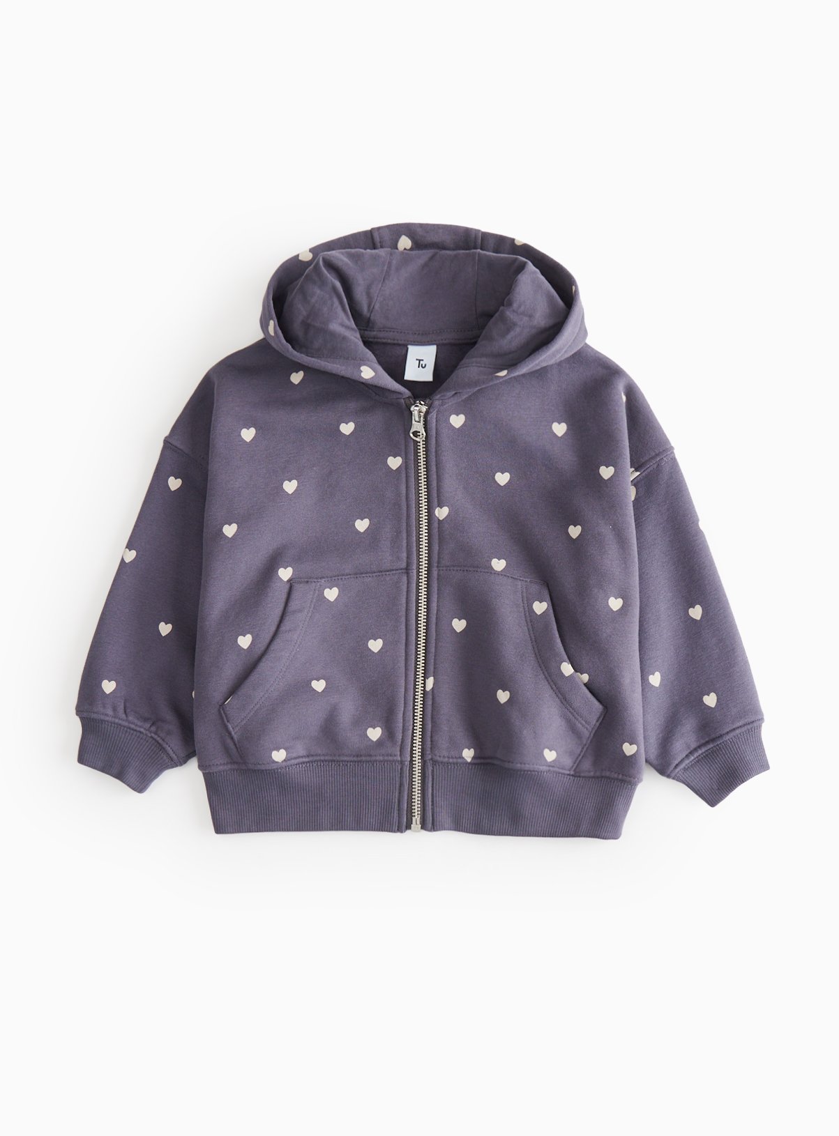 Black With Heart Print Zip Through Hoodie 1-2 years