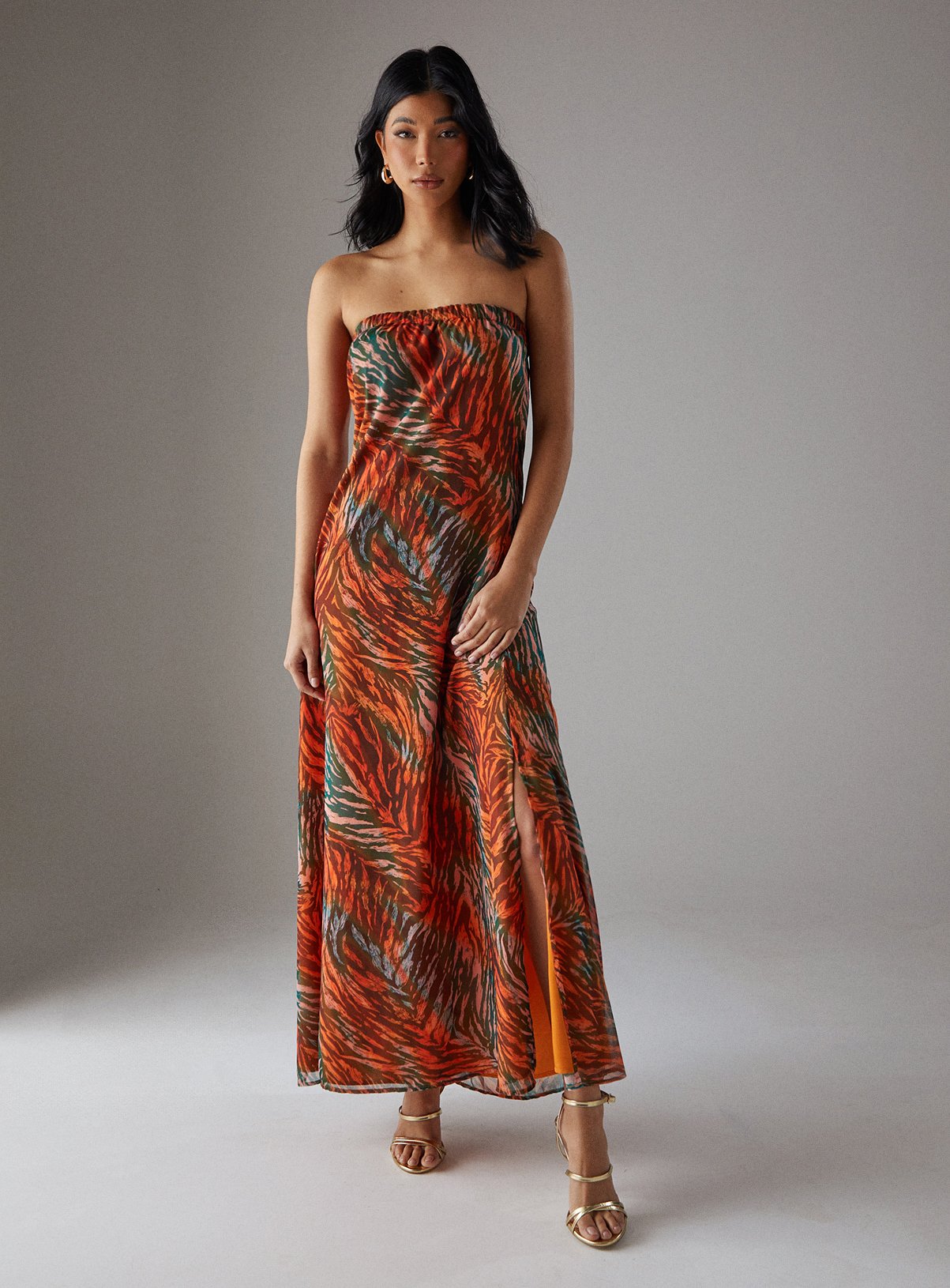 WAREHOUSE Yoryu Chiffon Elasticated Back Bandeau Maxi Dress 16