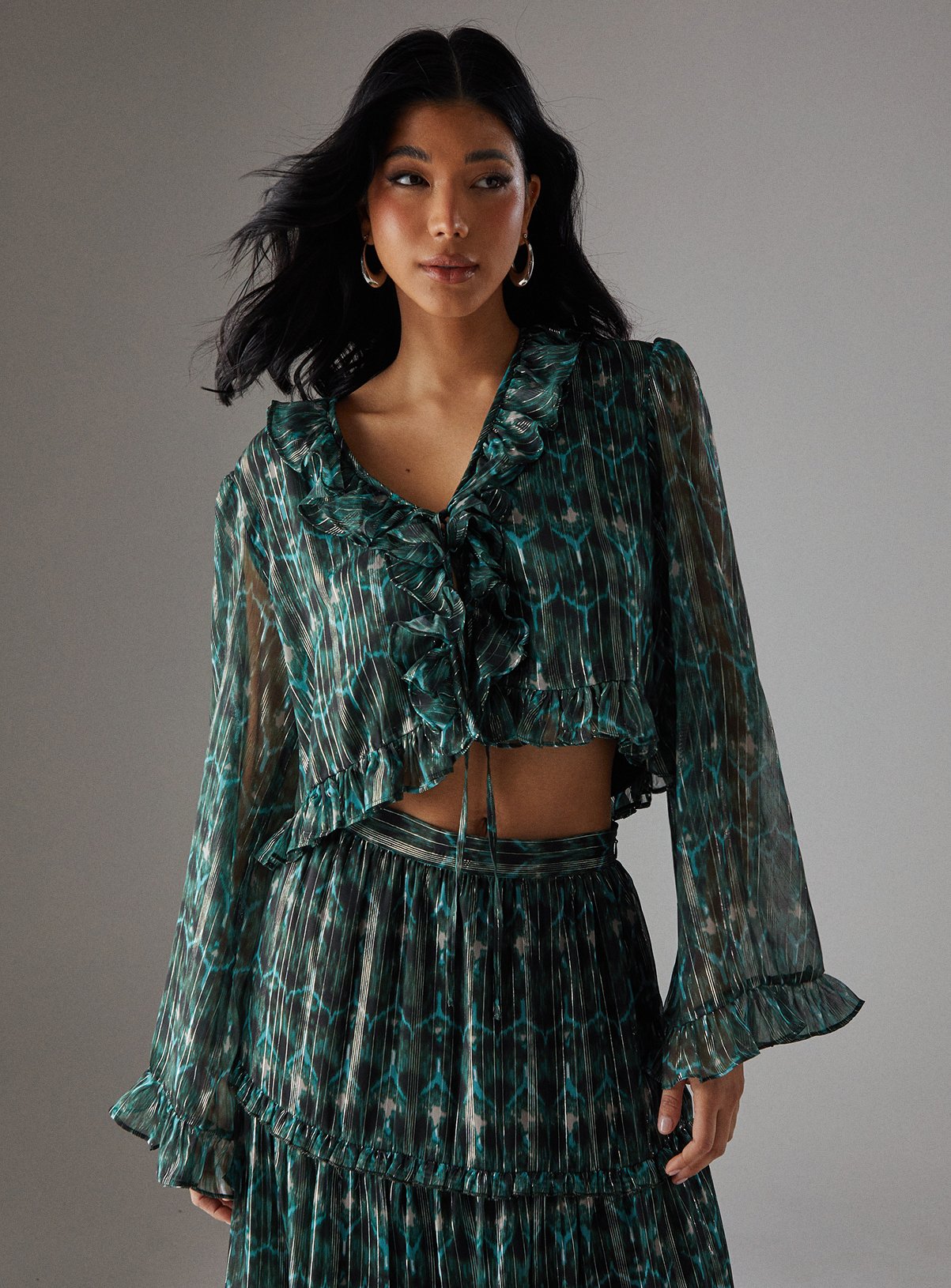 WAREHOUSE Metallic Chiffon Ruffle Tie Front Flared Sleeve Blouse 