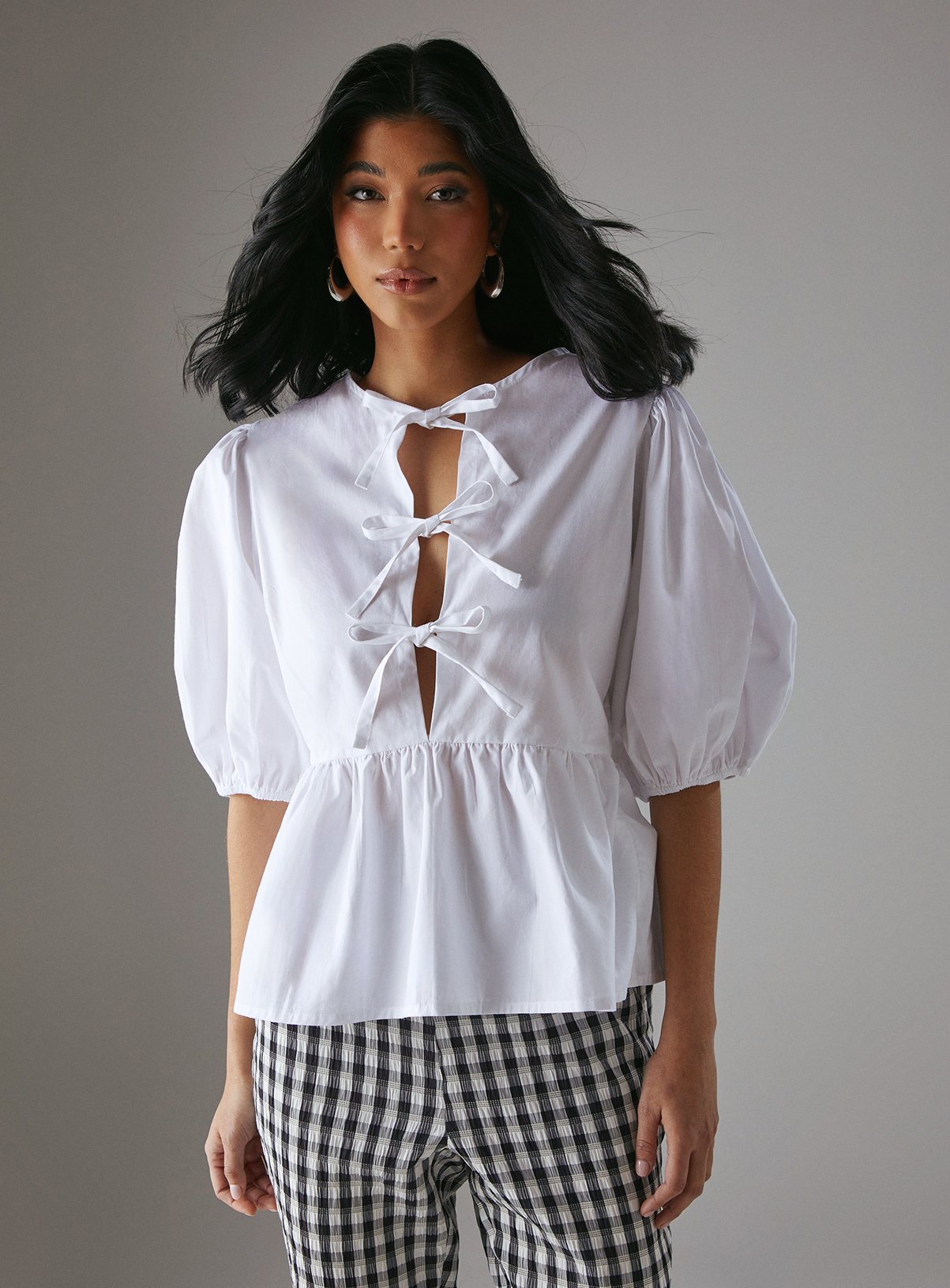 WAREHOUSE Poplin Tie Front Volume Sleeve Blouse 