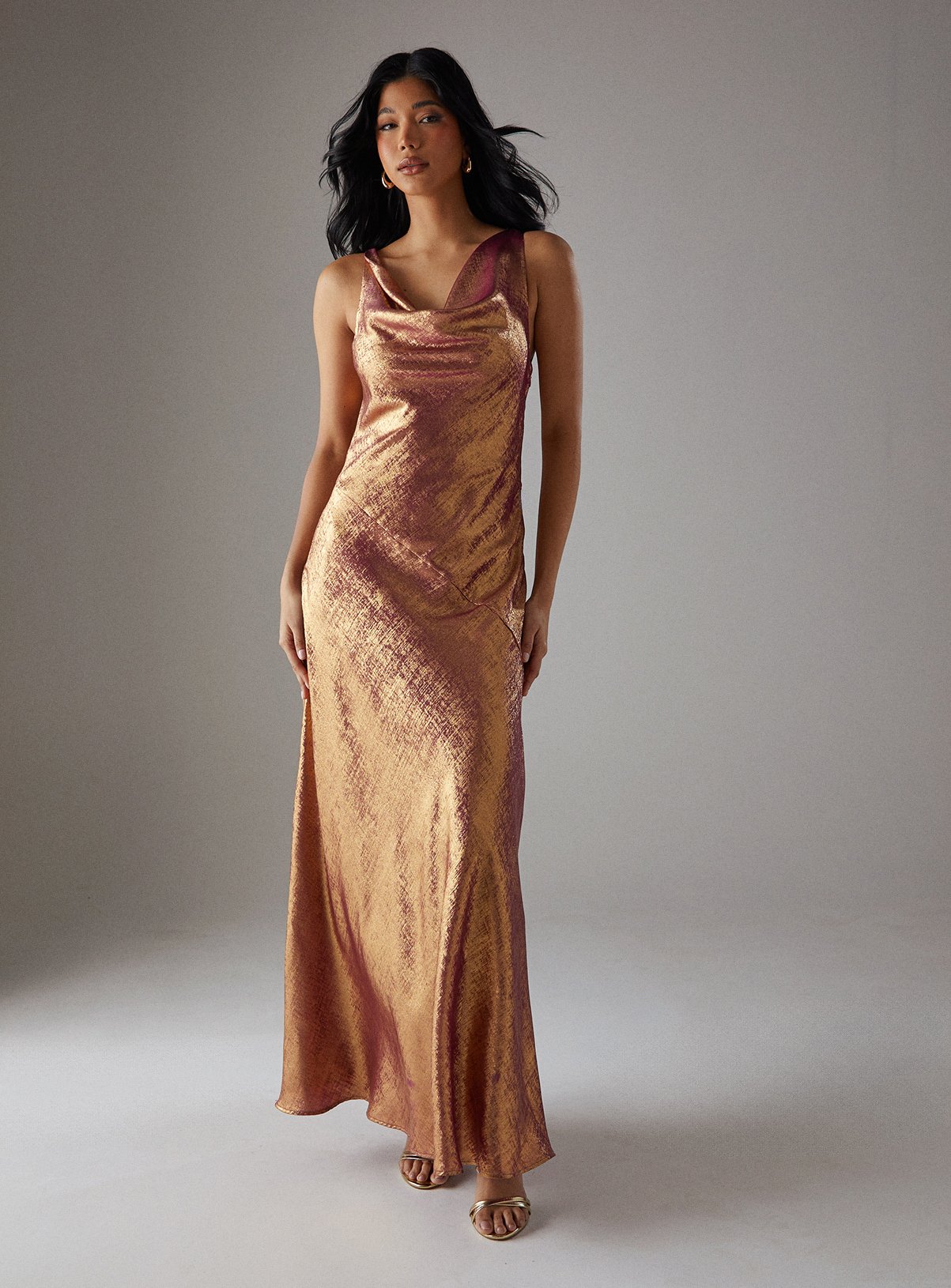 WAREHOUSE Metallic Lame Cowl Neck Maxi Dress 