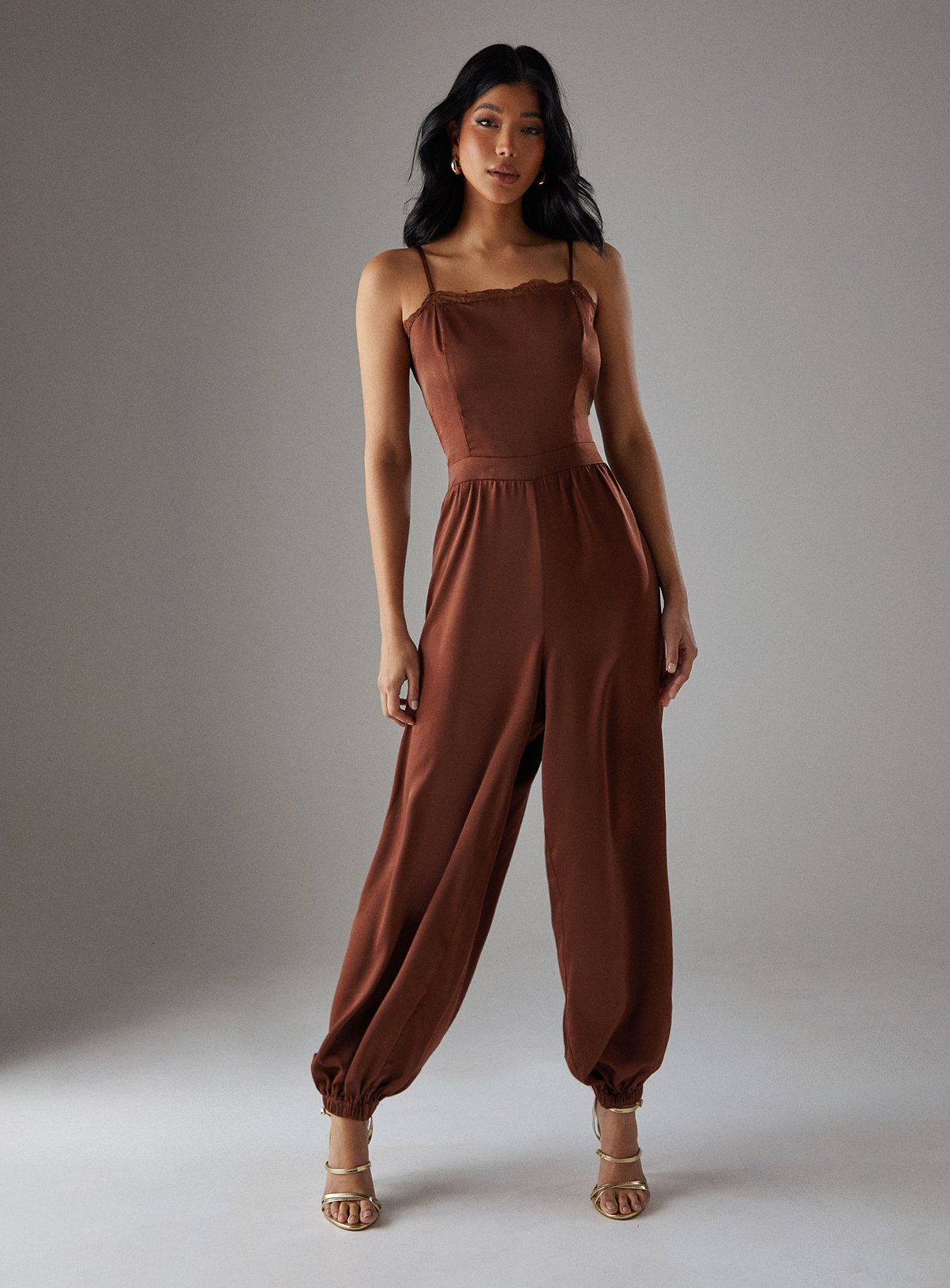 WAREHOUSE Satin Lace Trim Elasticated Cuff Strappy Jumpsuit 